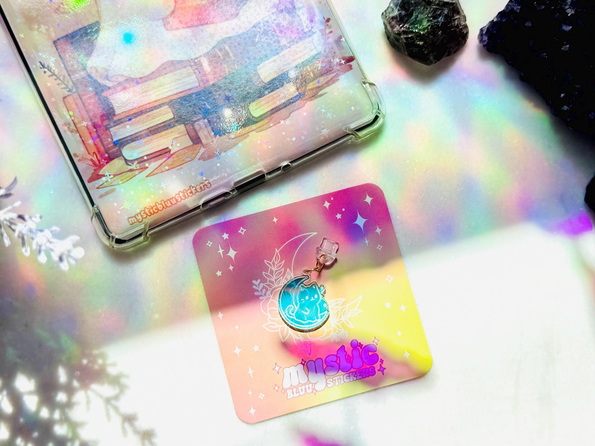 Cat Moon Kindle Dust Plug Charm for Ereader, Phone, Tablet, USB-C Device Decor, Cute Accessory Gift