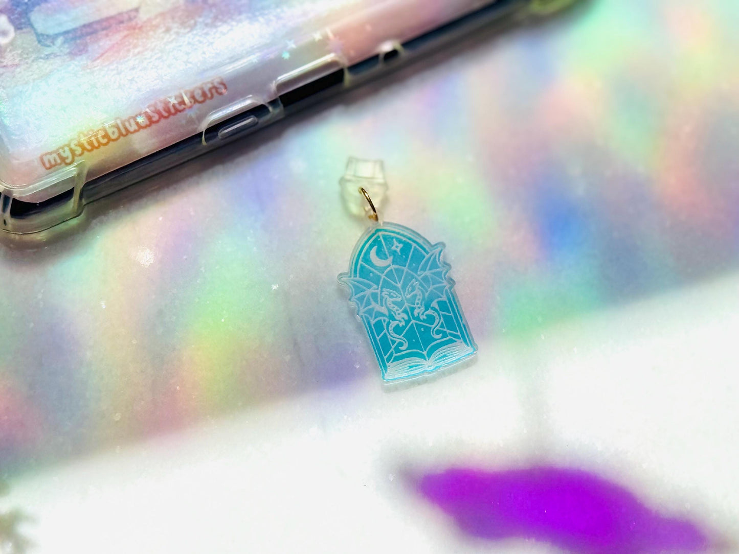Iridescent Dragon Book Charm: Fantasy Kindle Accessory, USB-C Dust Plug