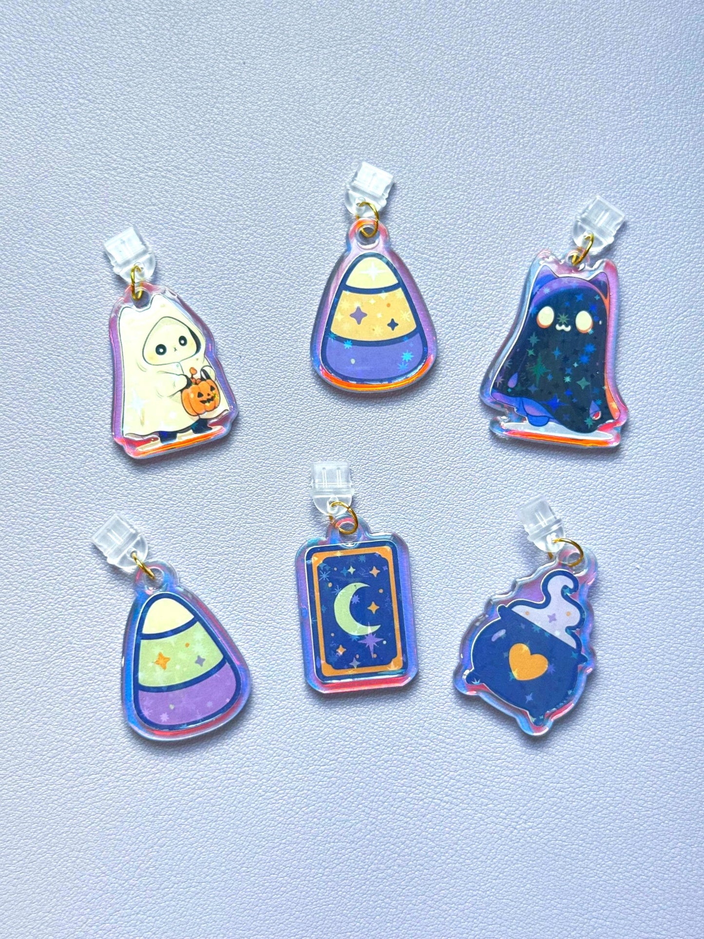 Holographic Halloween Charms: Witch Cauldron, Tarot Moon, Candy Corn