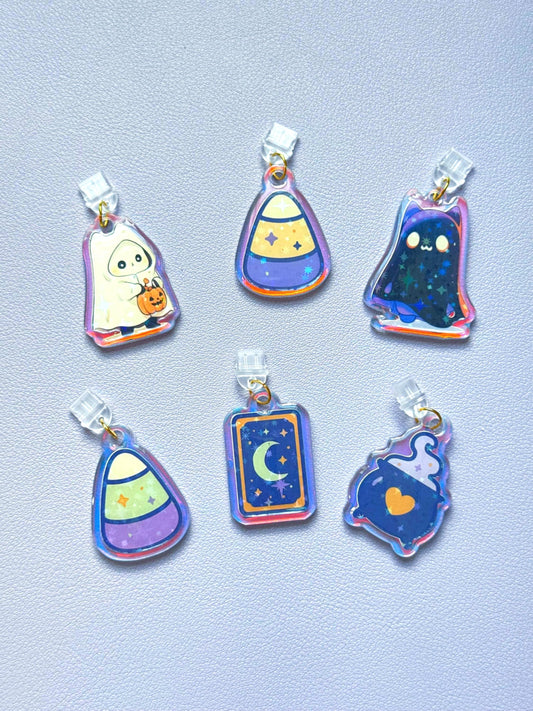 Holographic Halloween Charms: Witch Cauldron, Tarot Moon, Candy Corn