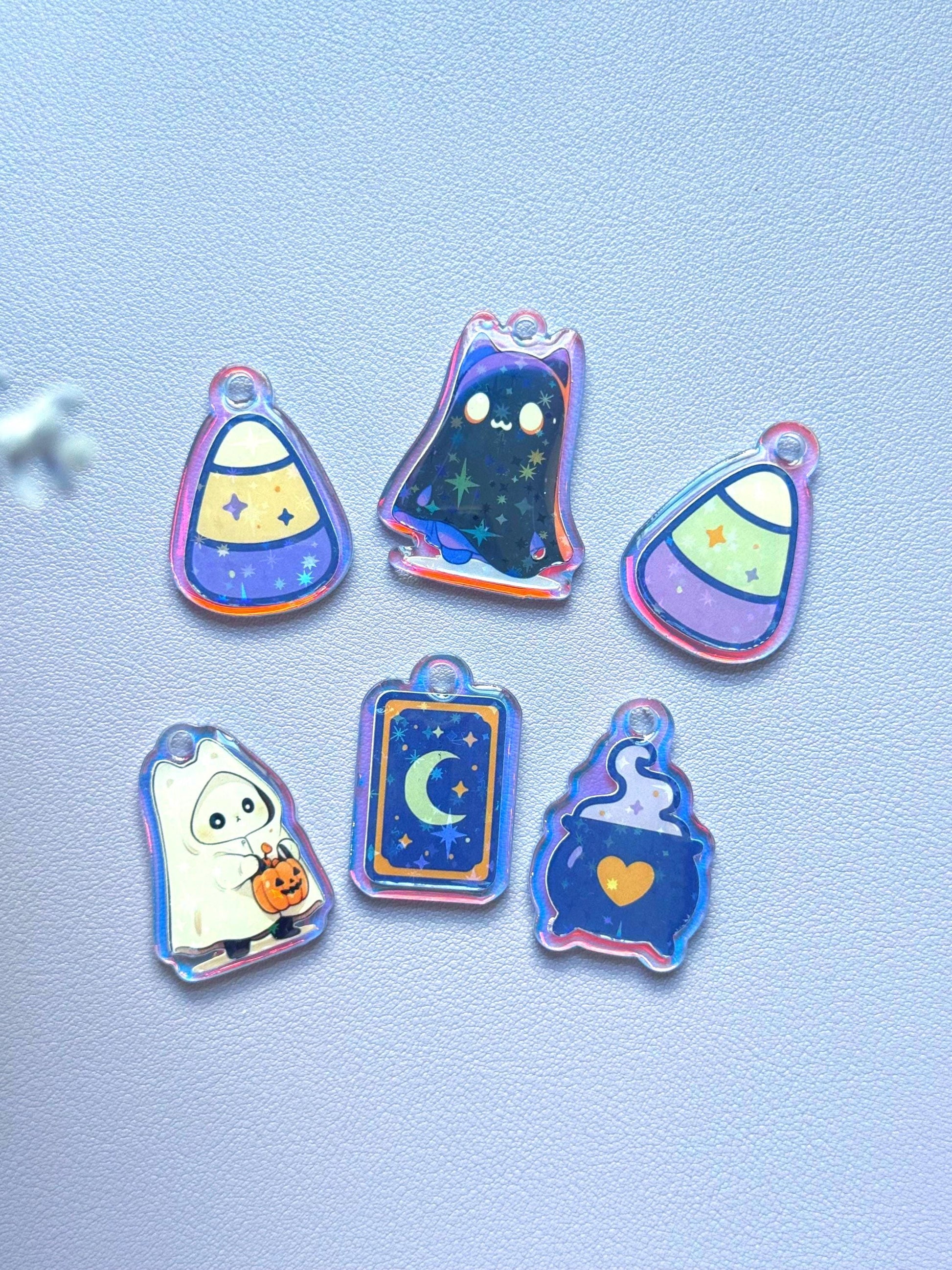 Holographic Halloween Charms: Witch Cauldron, Tarot Moon, Candy Corn