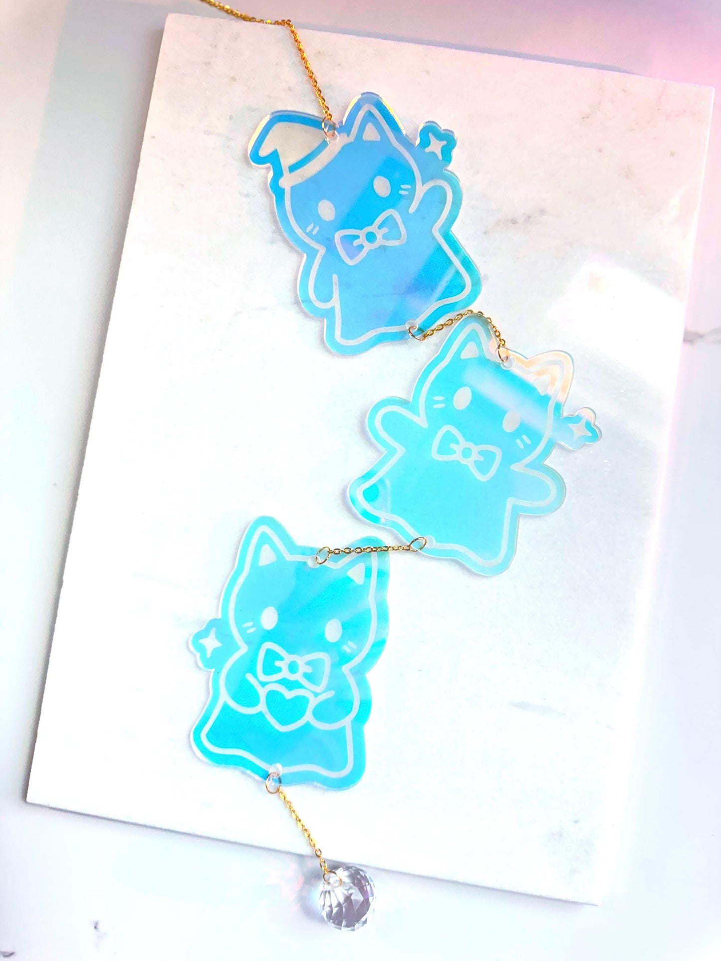 Iridescent Ghost Cats Sun Catcher: Halloween Window Decor, Rainbow Maker