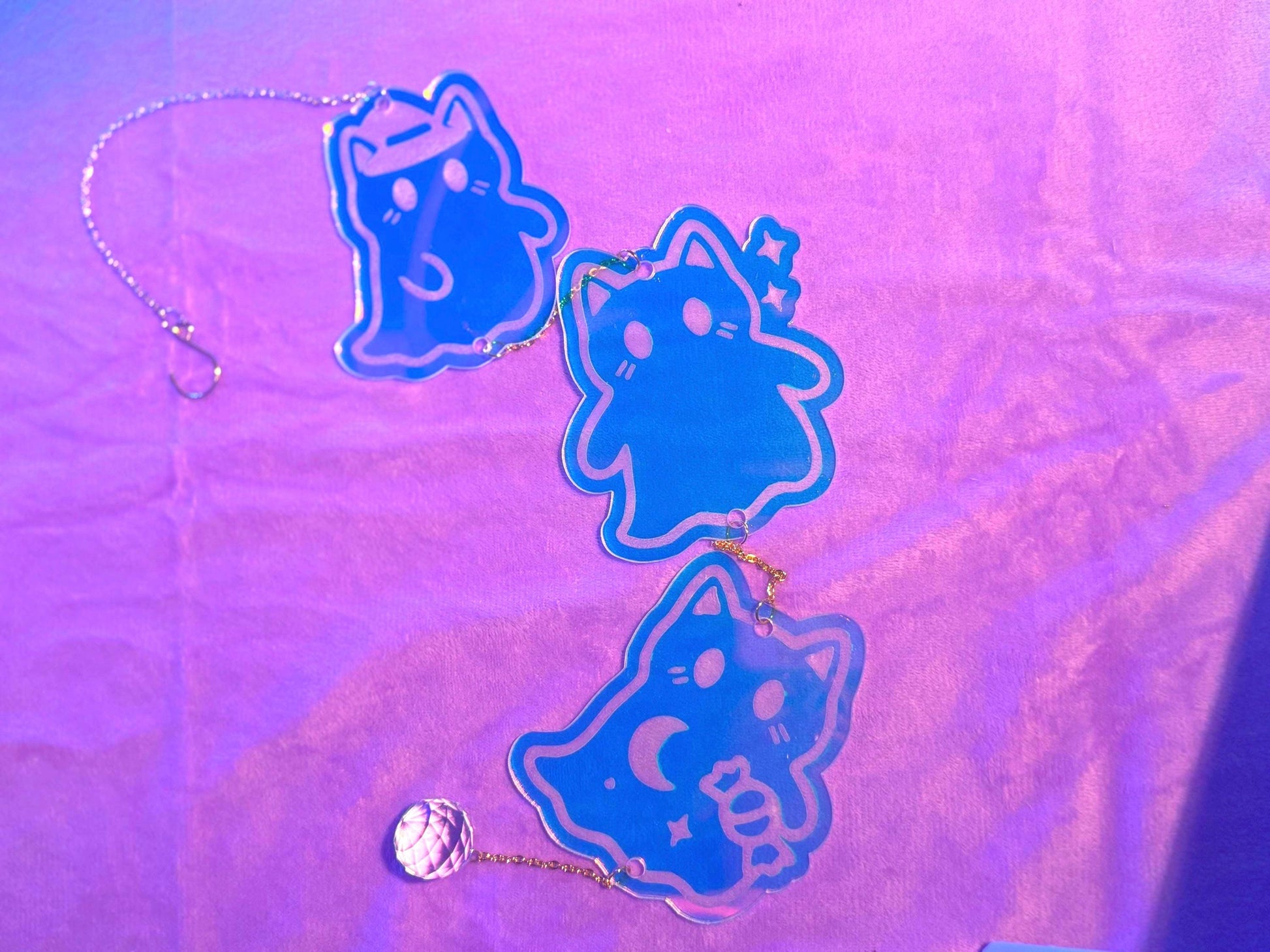 Iridescent Ghost Cats Sun Catcher: Halloween Window Decor, Rainbow Maker