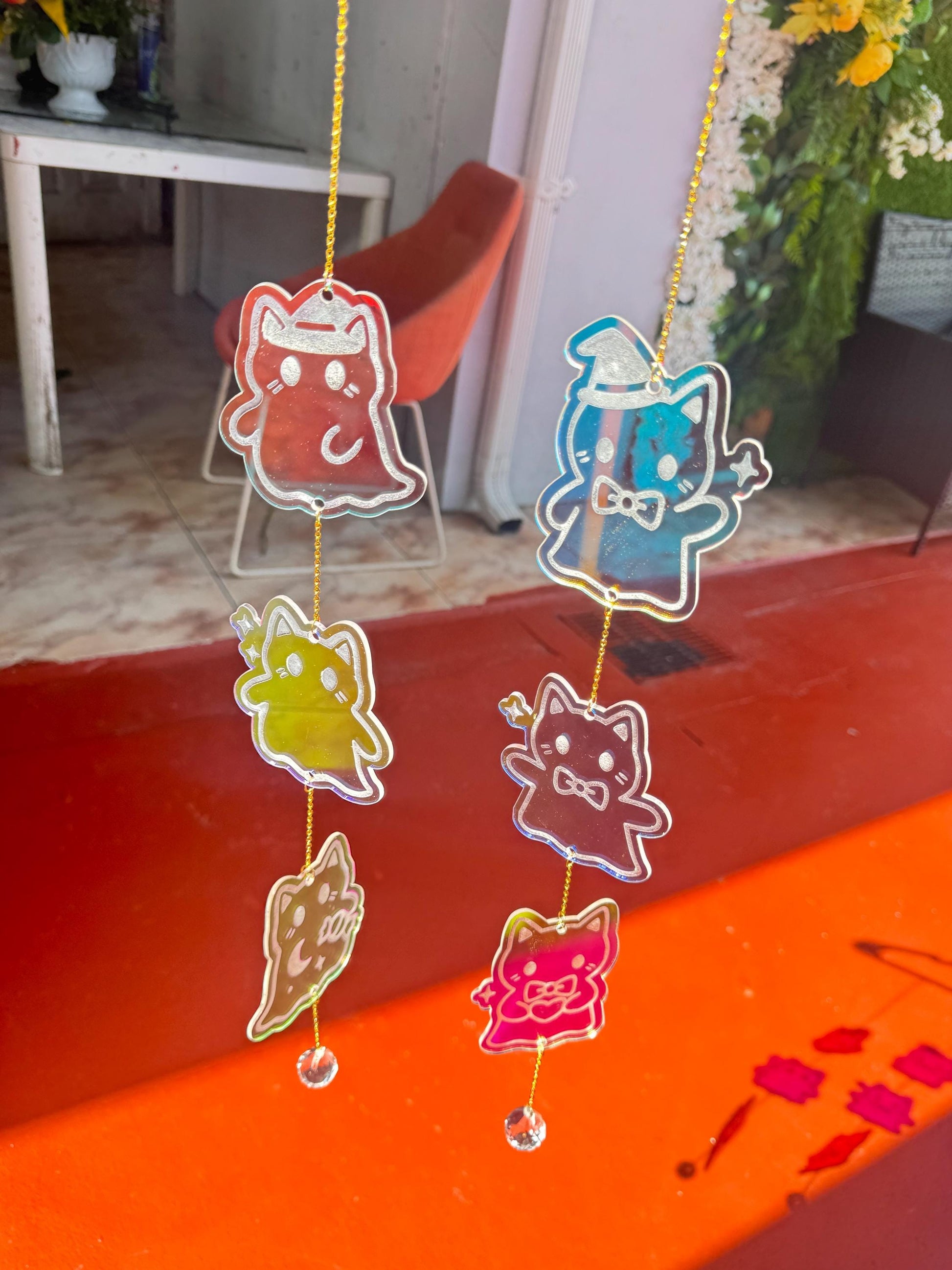 Iridescent Ghost Cats Sun Catcher: Halloween Window Decor, Rainbow Maker