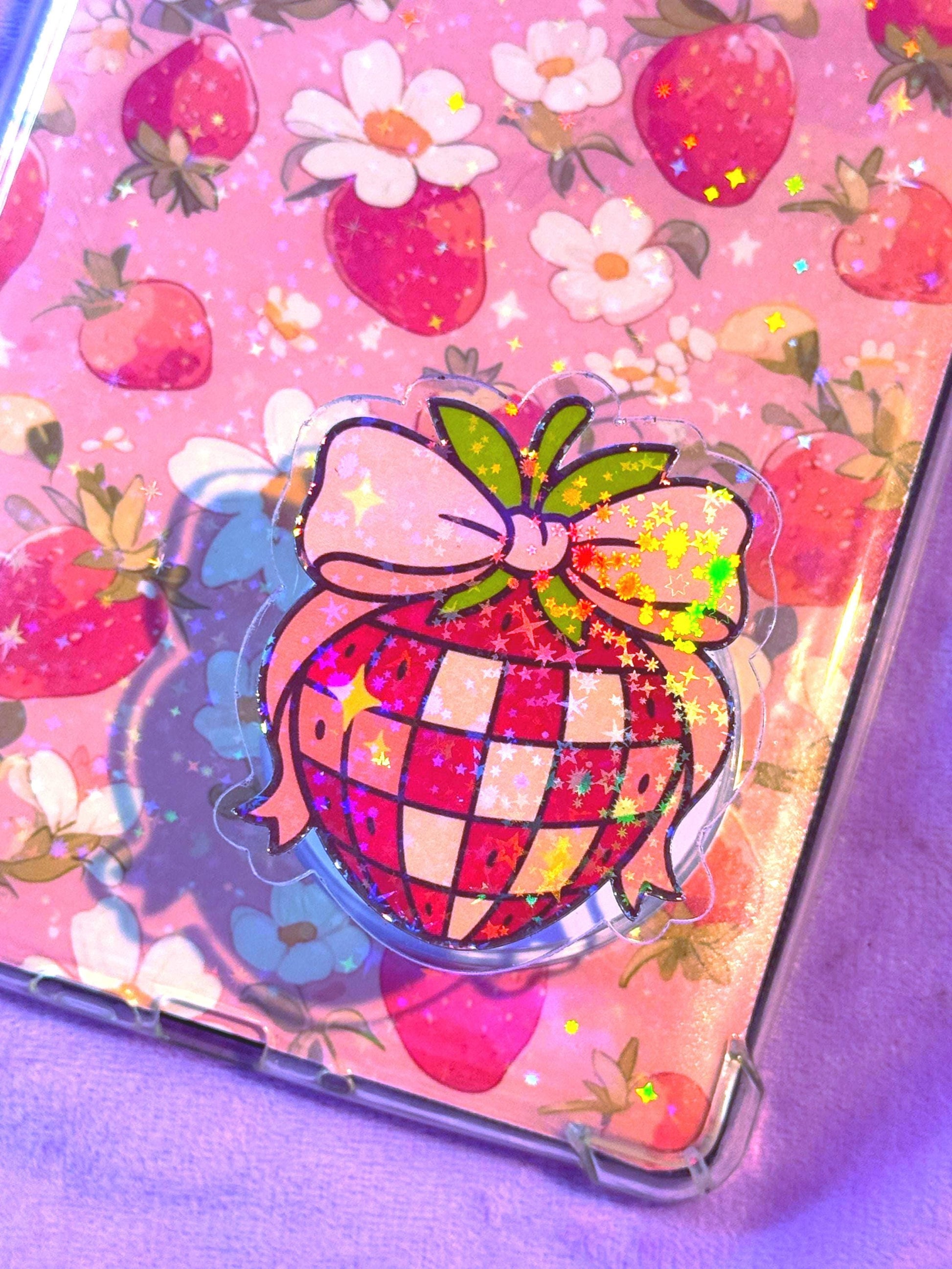 Strawberry MagSafe Kindle Grip: Holographic Bookish Phone Accessory