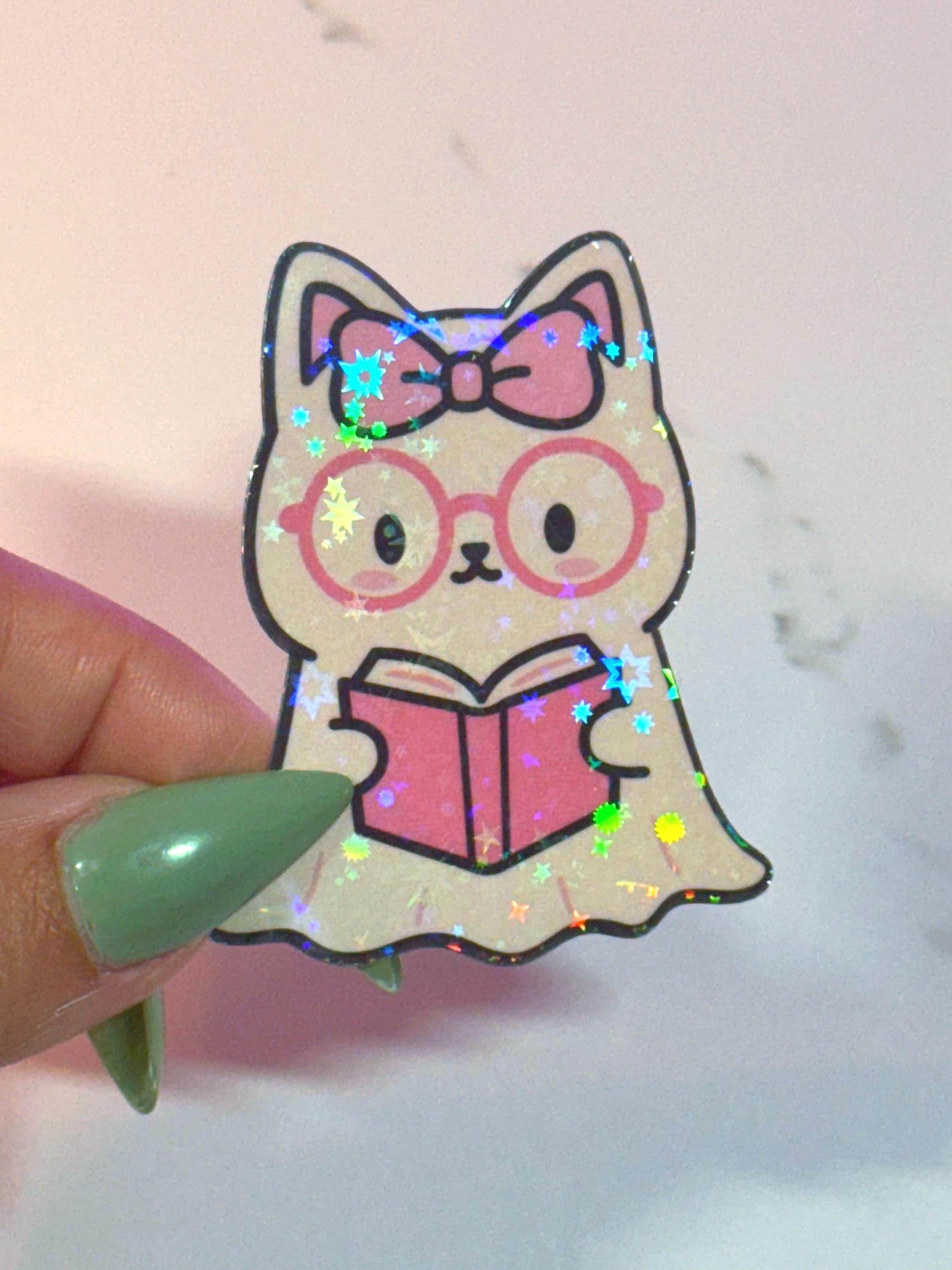 Holographic Ghost Cat Reading Sticker: Spooky Bookish Kindle Decal