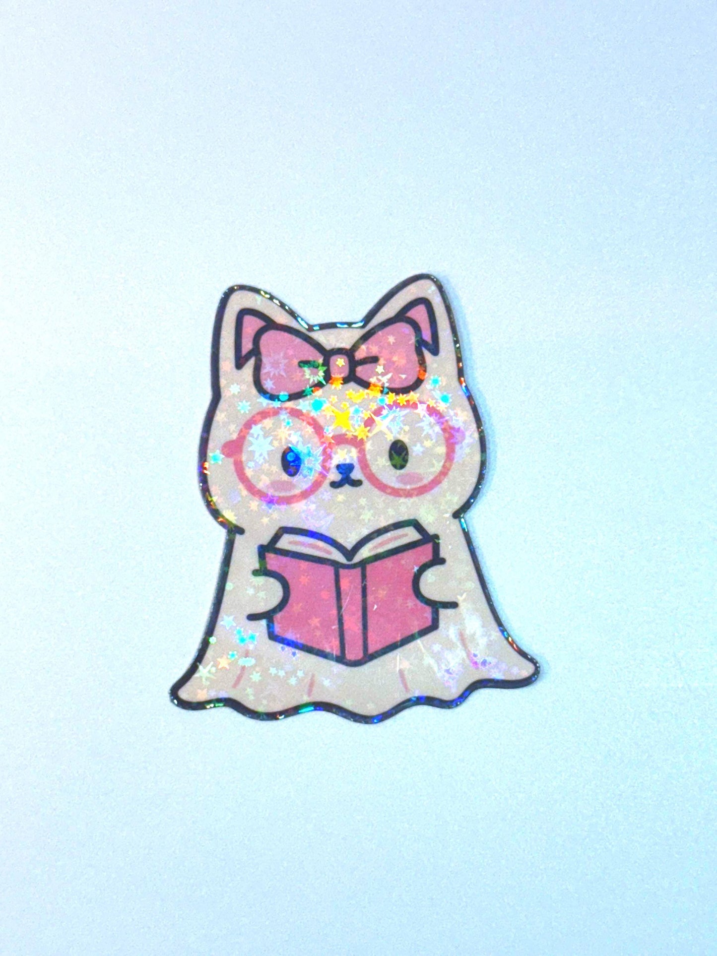 Holographic Ghost Cat Reading Sticker: Spooky Bookish Kindle Decal