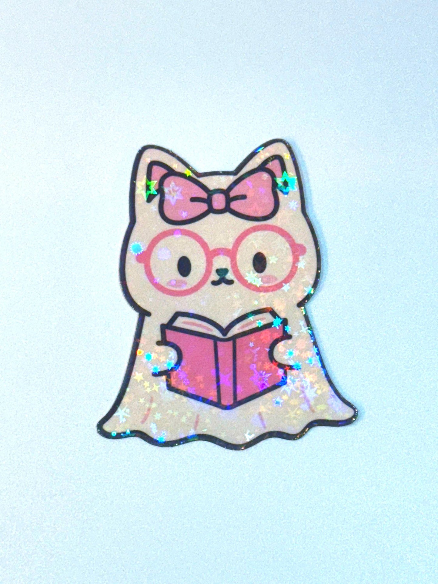 Holographic Ghost Cat Reading Sticker: Spooky Bookish Kindle Decal