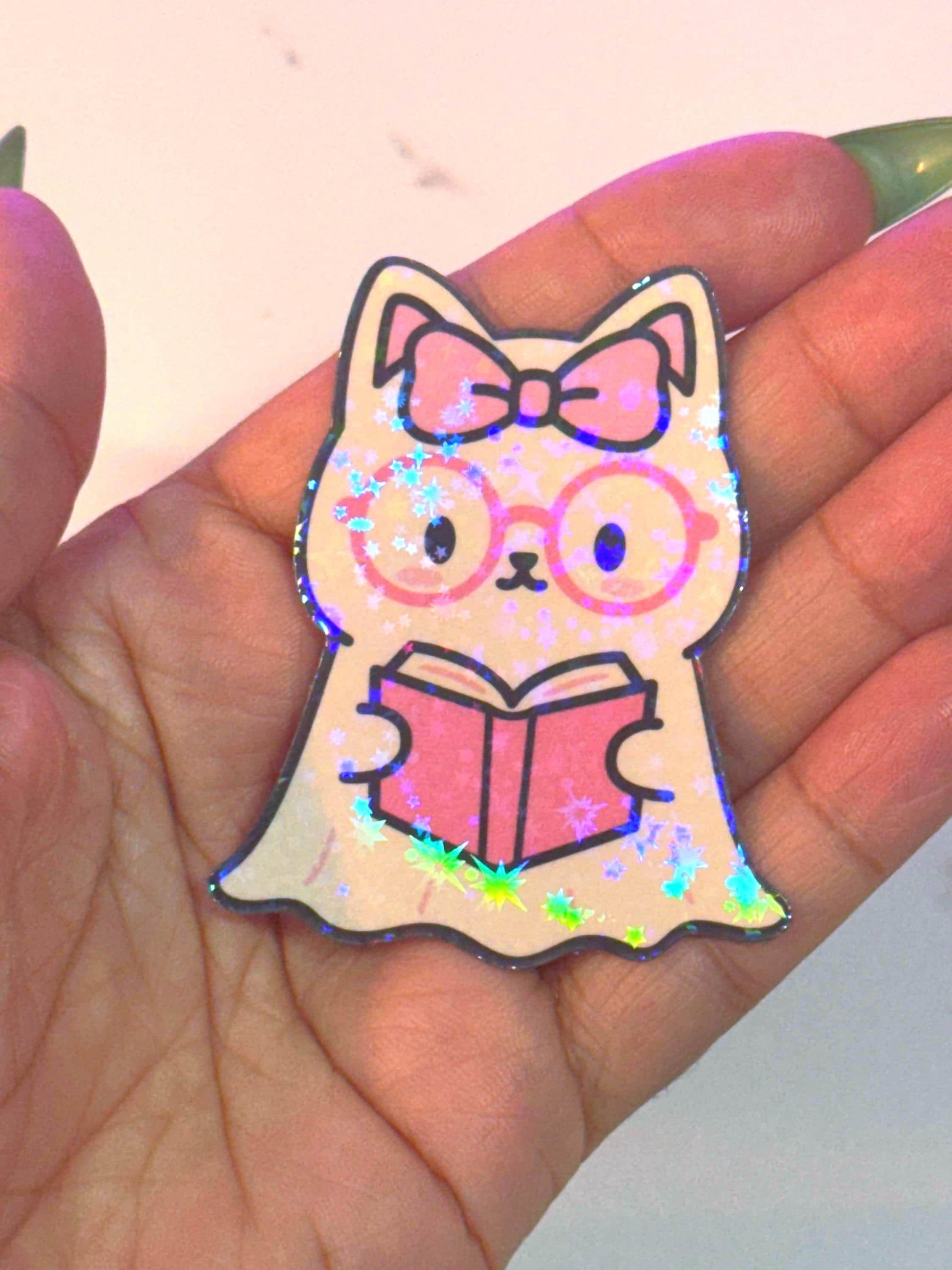 Holographic Ghost Cat Reading Sticker: Spooky Bookish Kindle Decal