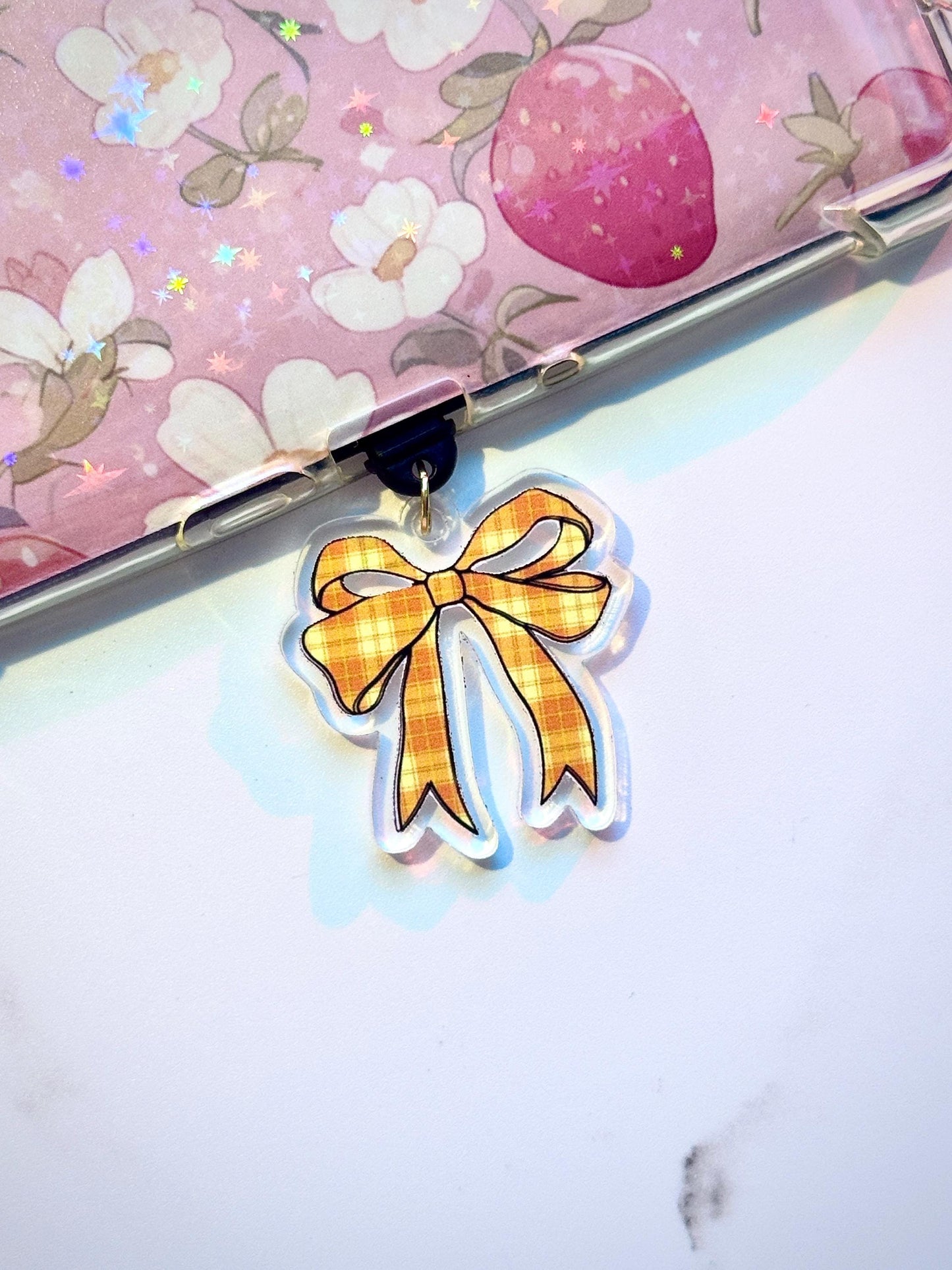 Yellow Plaid Bow USB-C Dust Plug: Kawaii Phone Charm