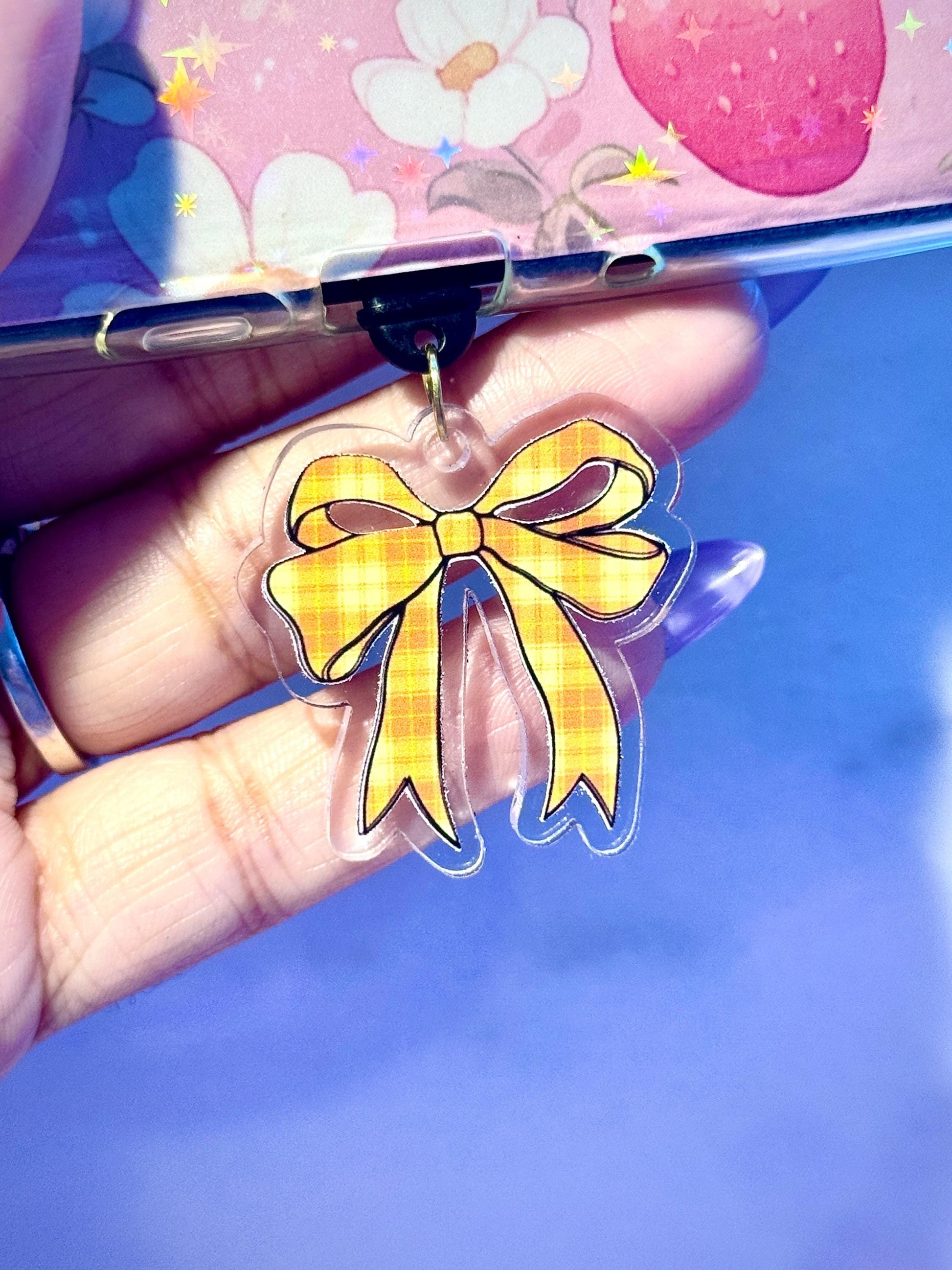 Yellow Plaid Bow USB-C Dust Plug: Kawaii Phone Charm