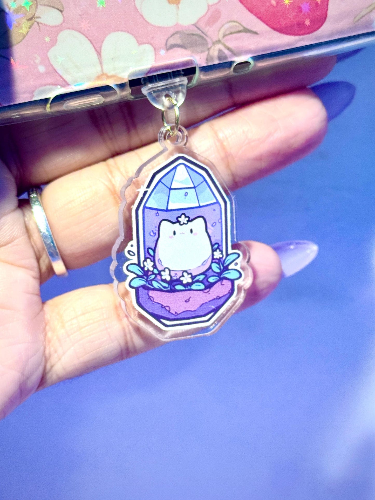Crystal Cat USB-C Dust Plug: Kawaii Purple Phone Charm