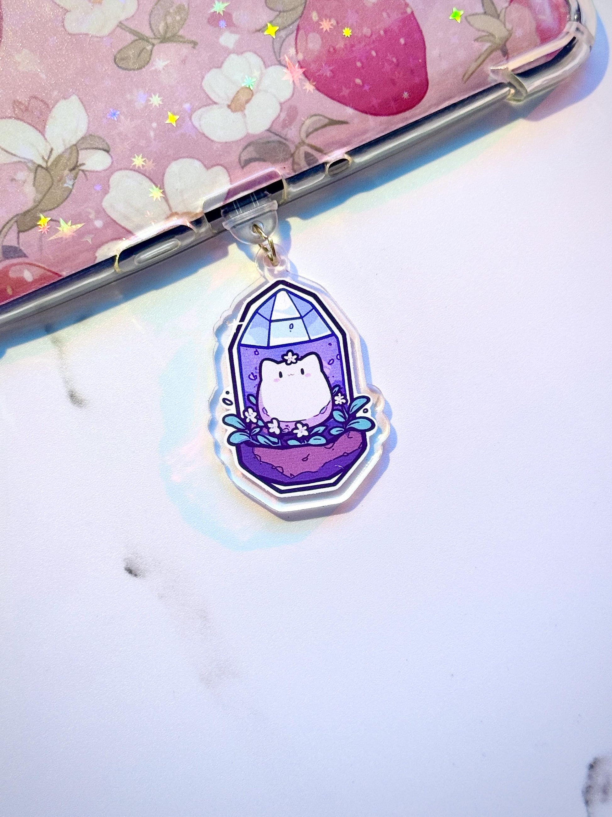 Crystal Cat USB-C Dust Plug: Kawaii Purple Phone Charm