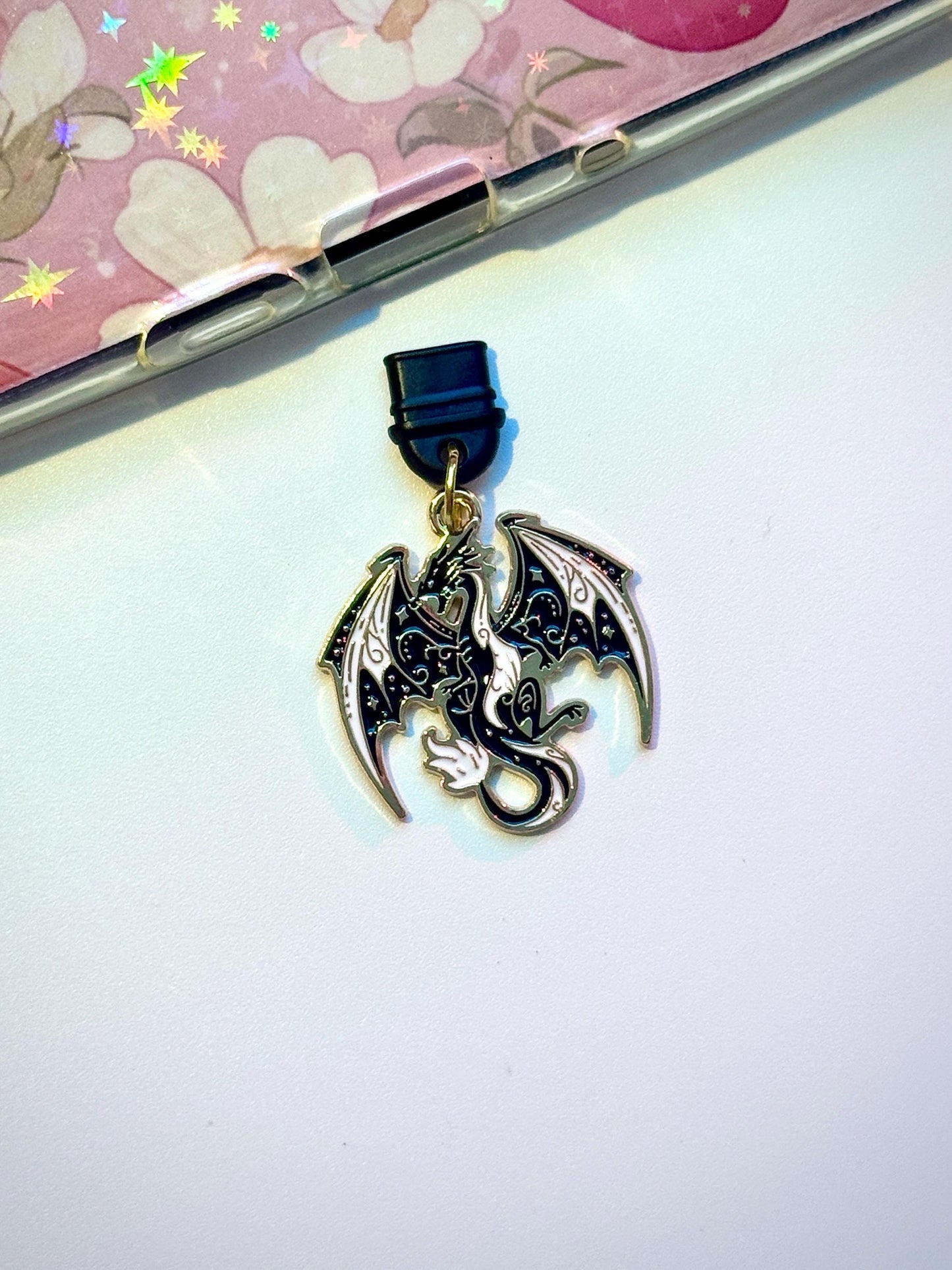 Enamel Dragon Dust Plug Charm: Gothic Fantasy Phone Accessory