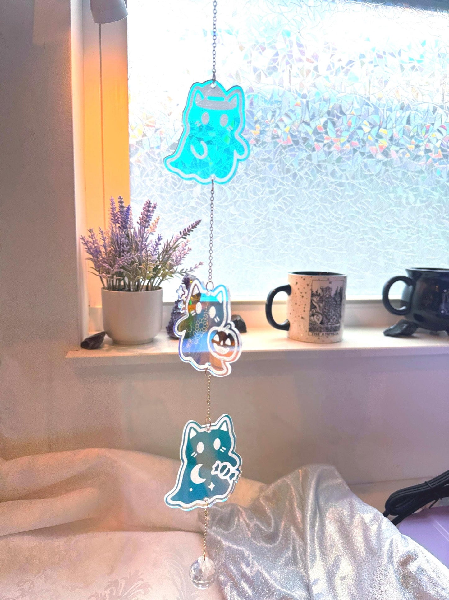 Iridescent Ghost Cat Sun Catcher: Witchy Halloween Window Charm