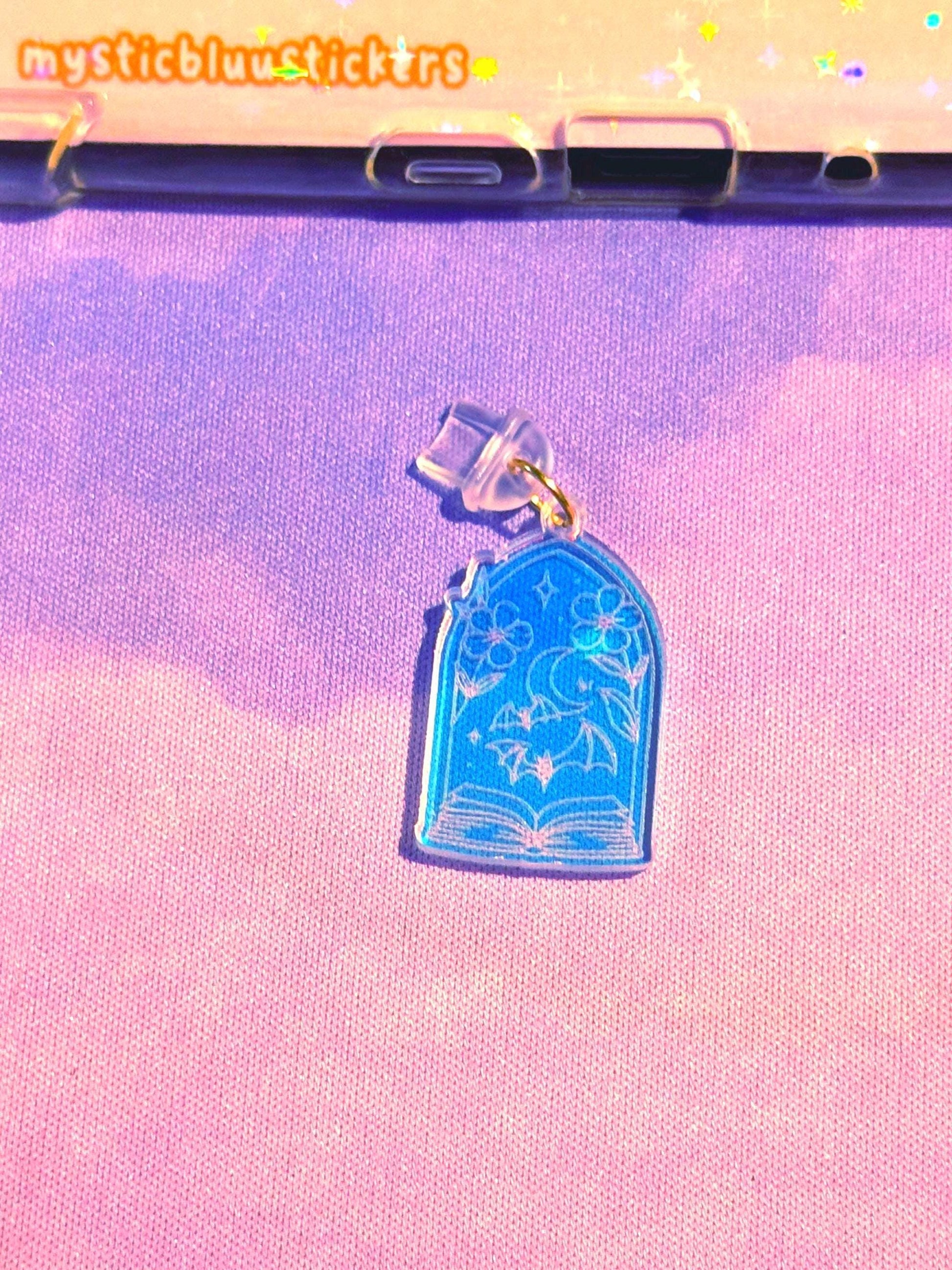Iridescent Acrylic Book & Bat USB-C Charm: Kindle Decor