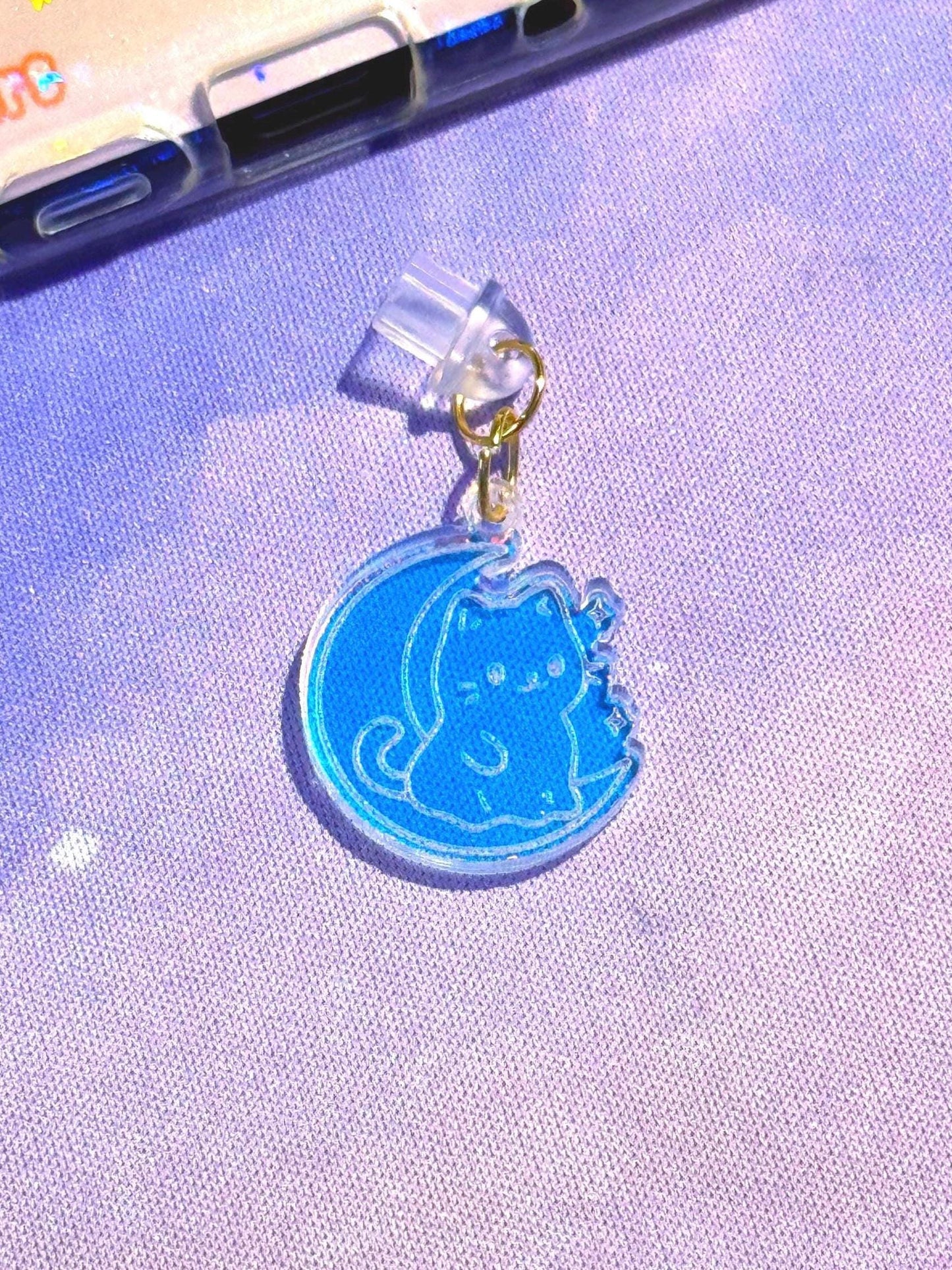 Iridescent Acrylic Cat Moon Charm, Dust Plug Charm for Kindle, Phone, Tablet, USB-C Device Decor, Cute Accessory Gift