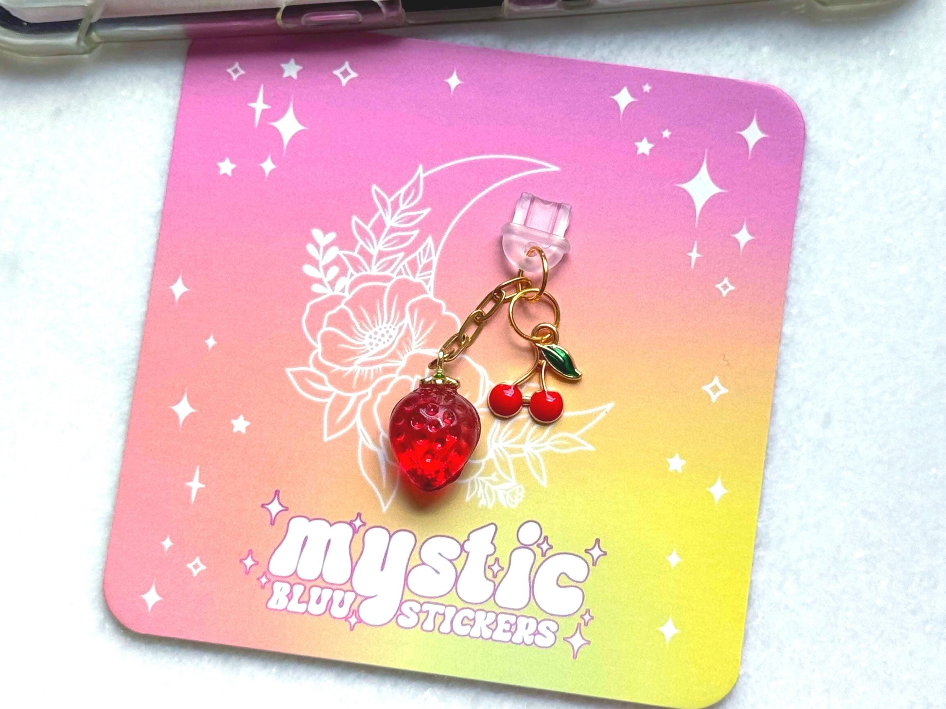 Strawberry and Cherry Dust Plug Charm – Cute Fruit USB-C Phone Charm for Kindle, E-Reader, and Tablets, Soft Girl Aesthetic Bookish Gift