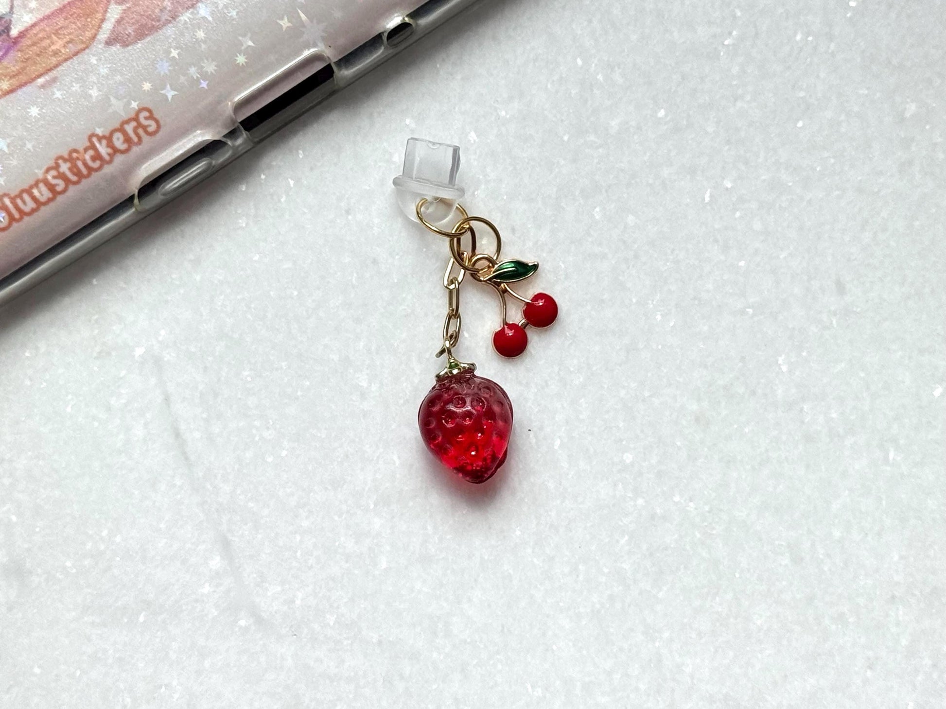 Strawberry and Cherry Dust Plug Charm – Cute Fruit USB-C Phone Charm for Kindle, E-Reader, and Tablets, Soft Girl Aesthetic Bookish Gift