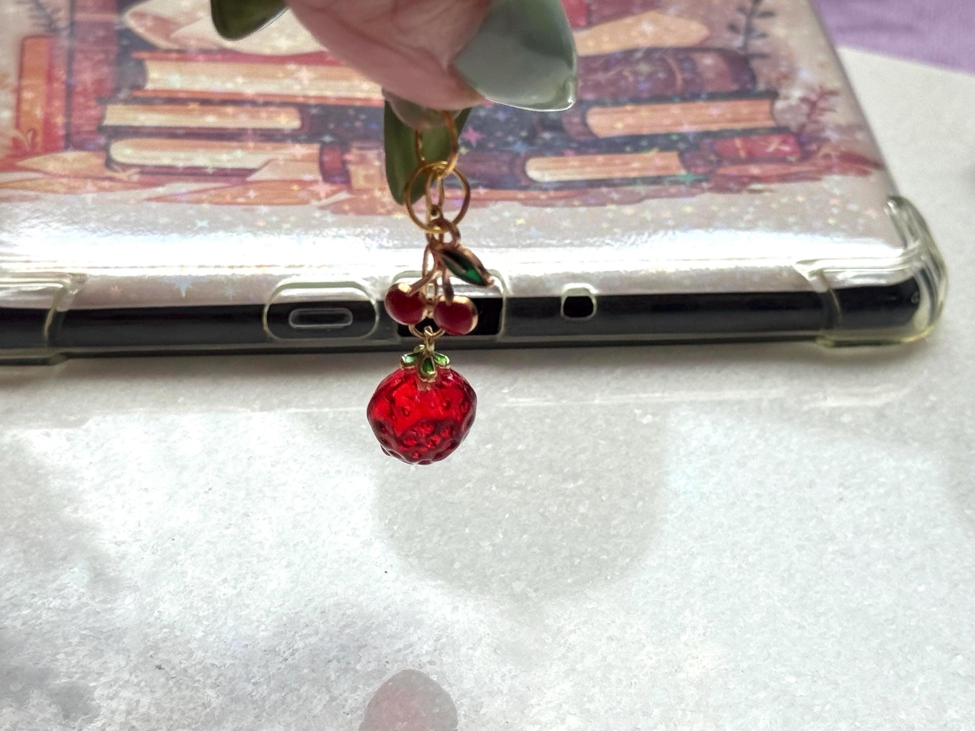 Strawberry and Cherry Dust Plug Charm – Cute Fruit USB-C Phone Charm for Kindle, E-Reader, and Tablets, Soft Girl Aesthetic Bookish Gift