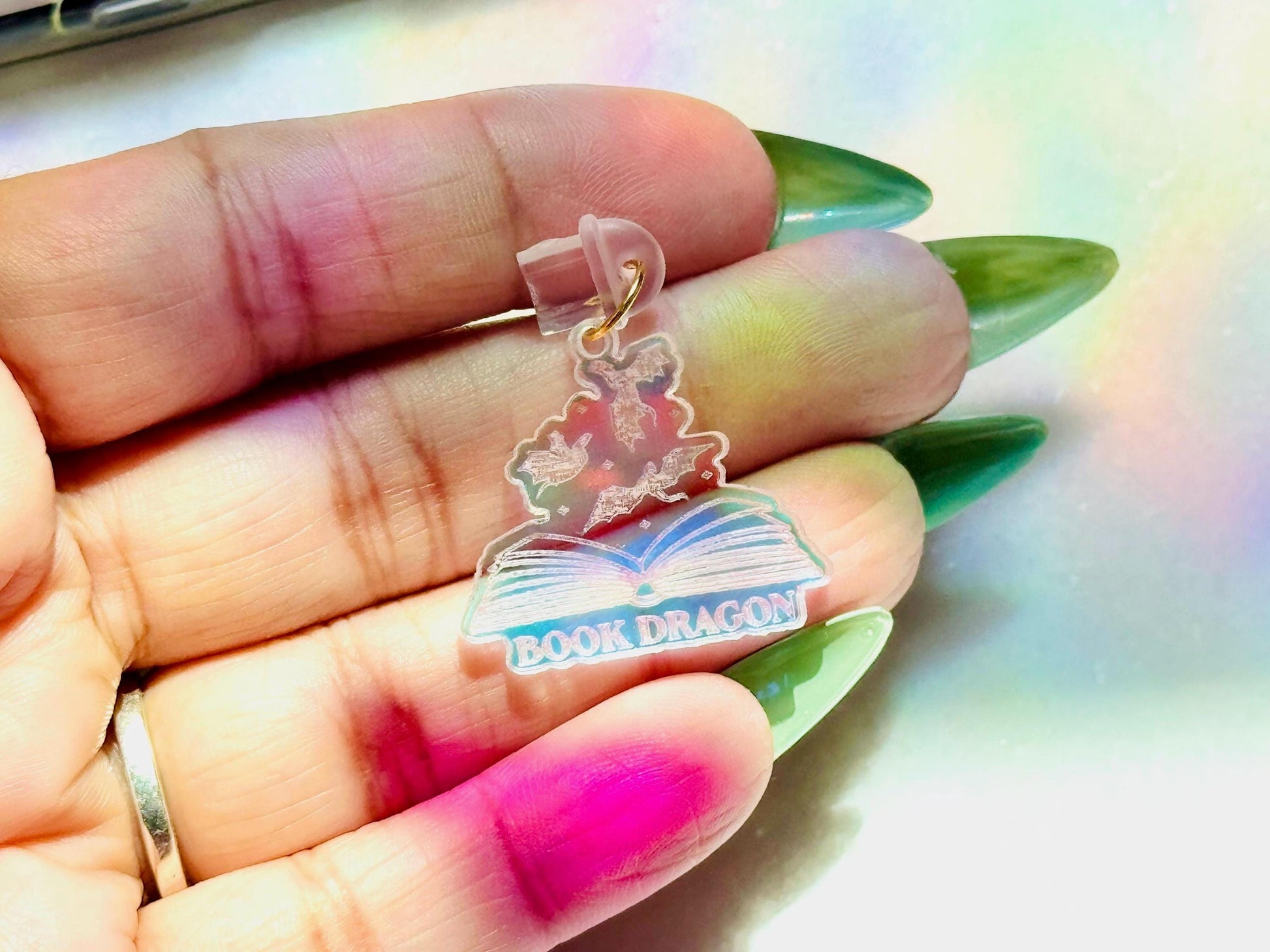 Book Dragon Kindle Charm: Iridescent Acrylic Ereader Decor