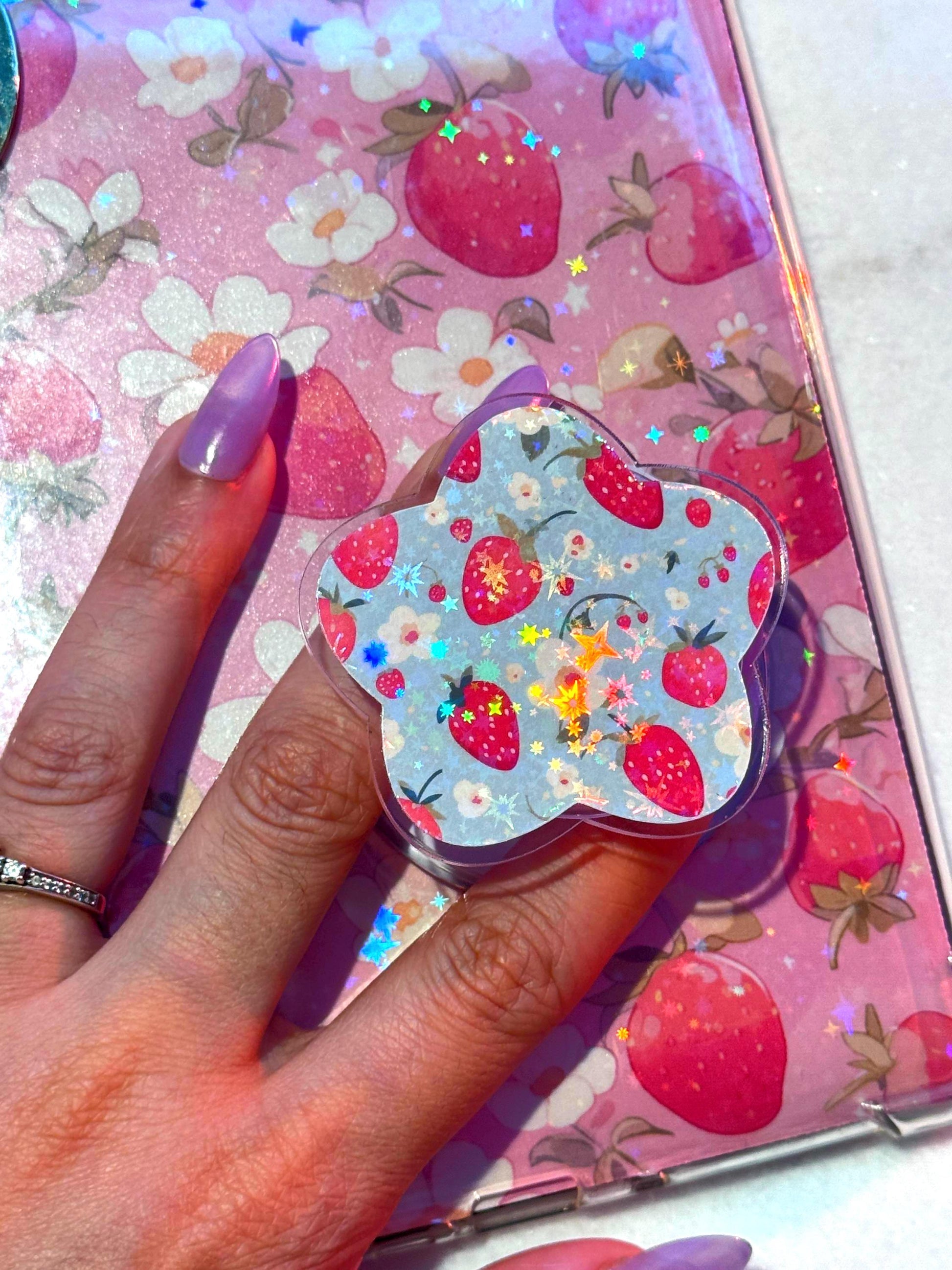 Strawberry Magsafe Kindle Phone Grip: Holographic Floral Kindle Accessory
