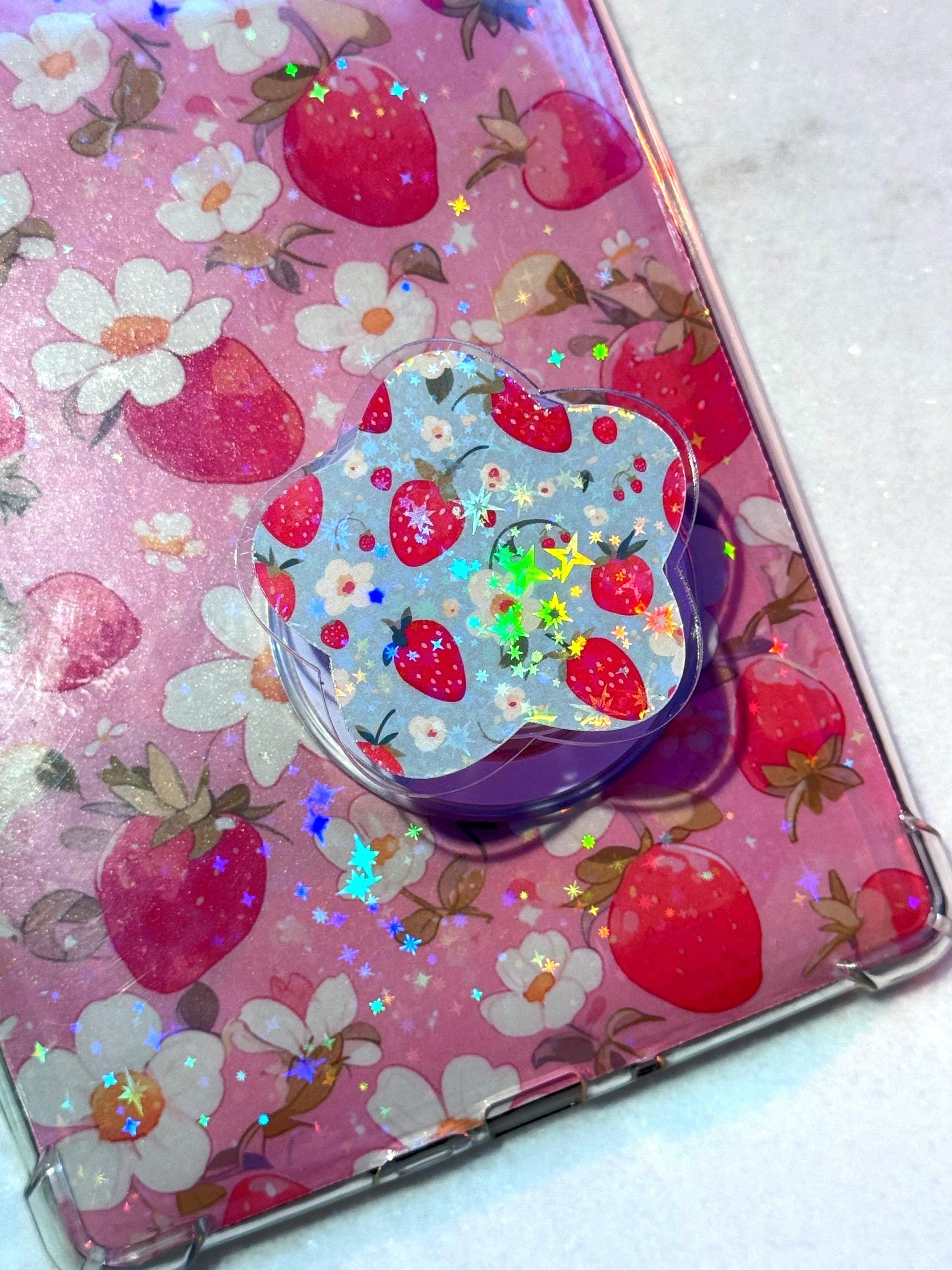 Strawberry Magsafe Kindle Phone Grip: Holographic Floral Kindle Accessory