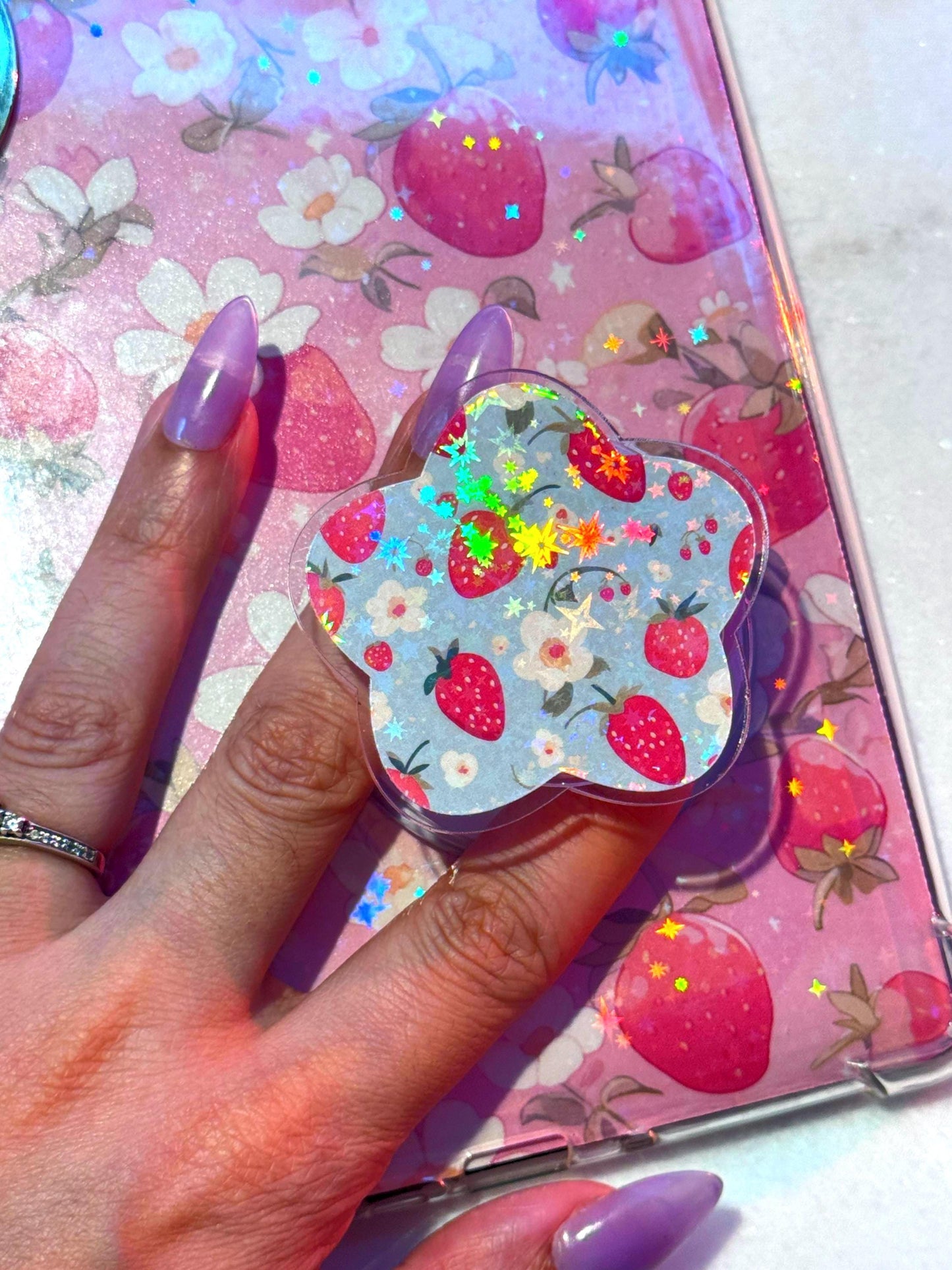 Strawberry Magsafe Kindle Phone Grip: Holographic Floral Kindle Accessory