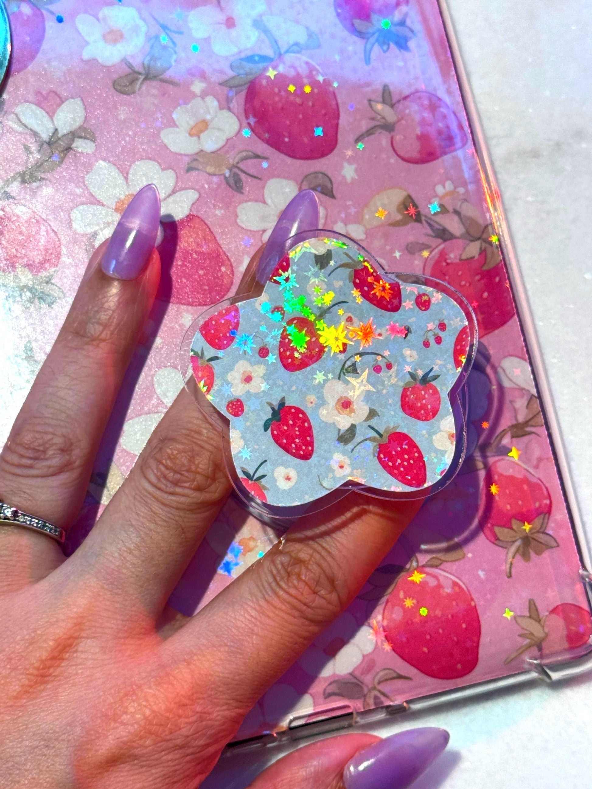 Strawberry Magsafe Kindle Phone Grip: Holographic Floral Kindle Accessory