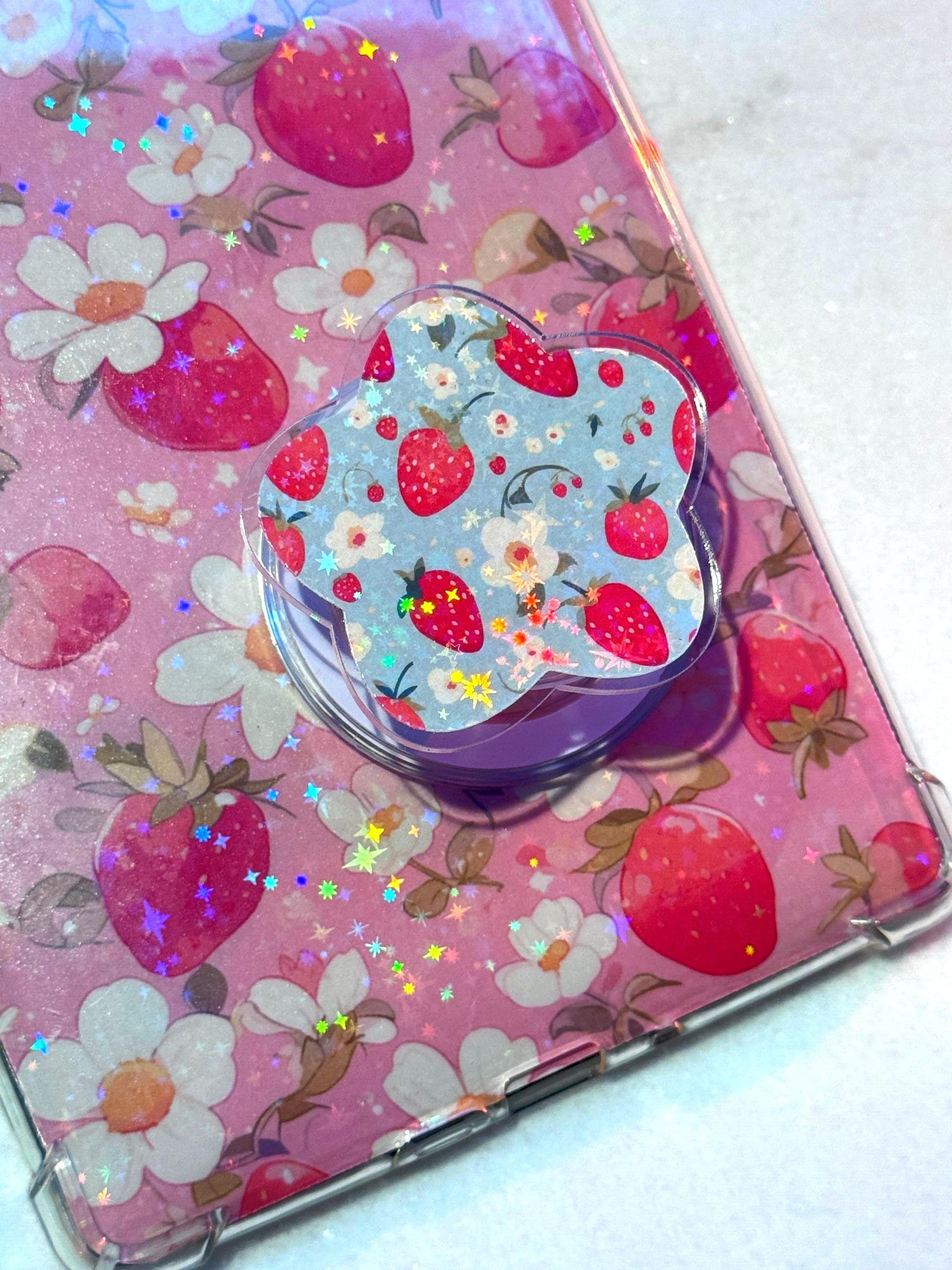 Strawberry Magsafe Kindle Phone Grip: Holographic Floral Kindle Accessory