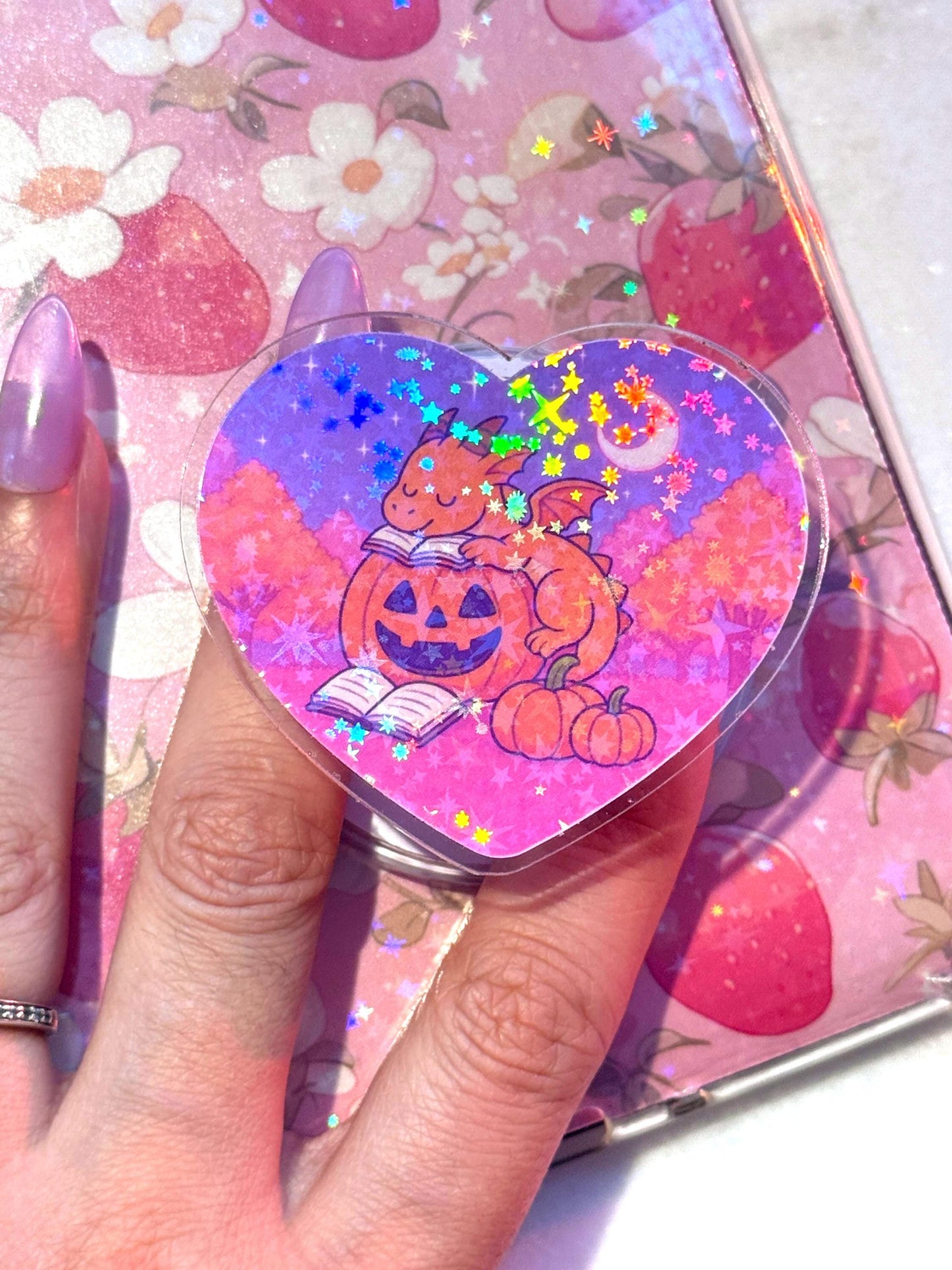 Holographic Dragon Fantasy MagSafe Grip: Cozy Pumpkin Book Kindle Holder