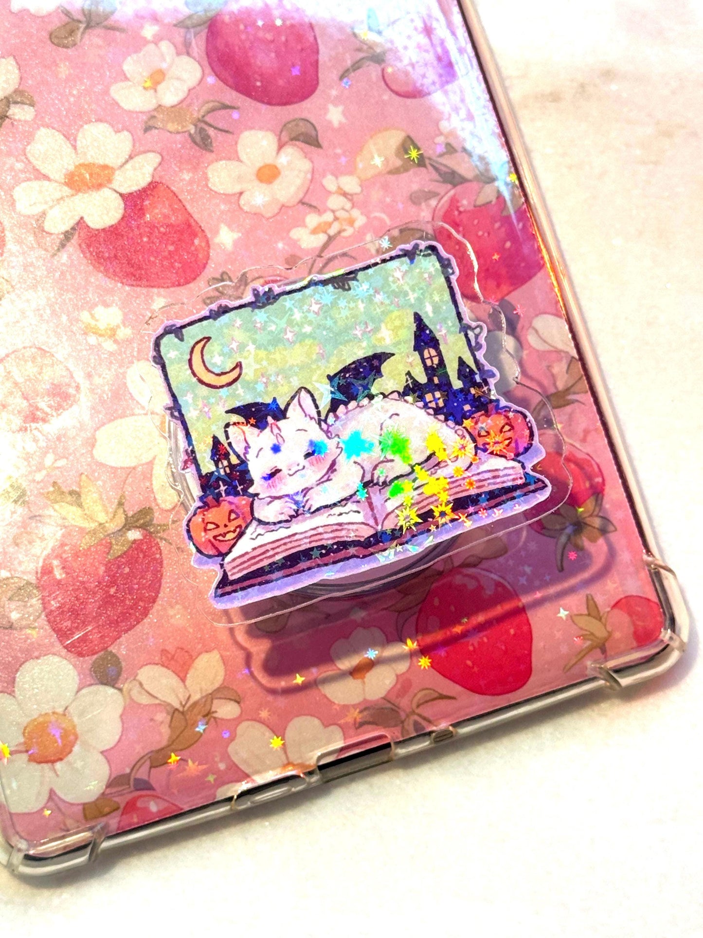 Holographic Dragon Phone Grip: Cozy Book & Pumpkins MagSafe Stand