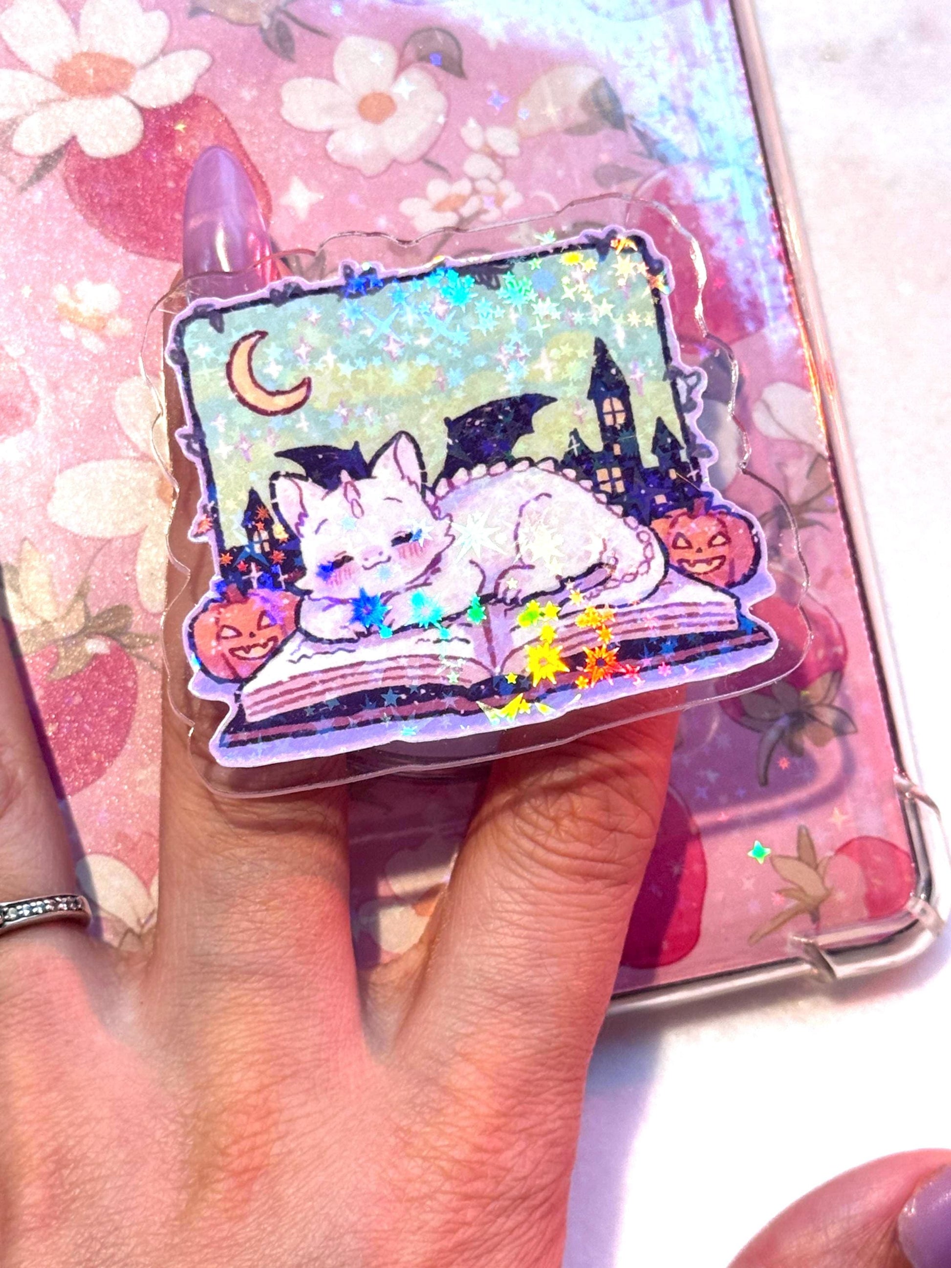 Holographic Dragon Phone Grip: Cozy Book & Pumpkins MagSafe Stand