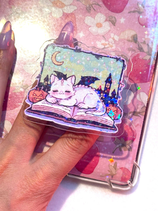 Holographic Dragon Phone Grip: Cozy Book & Pumpkins MagSafe Stand