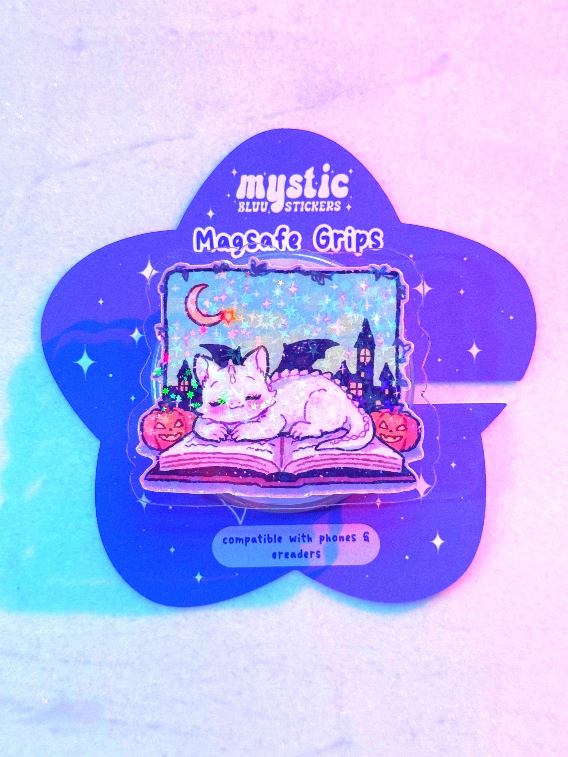 Holographic Dragon Phone Grip: Cozy Book & Pumpkins MagSafe Stand