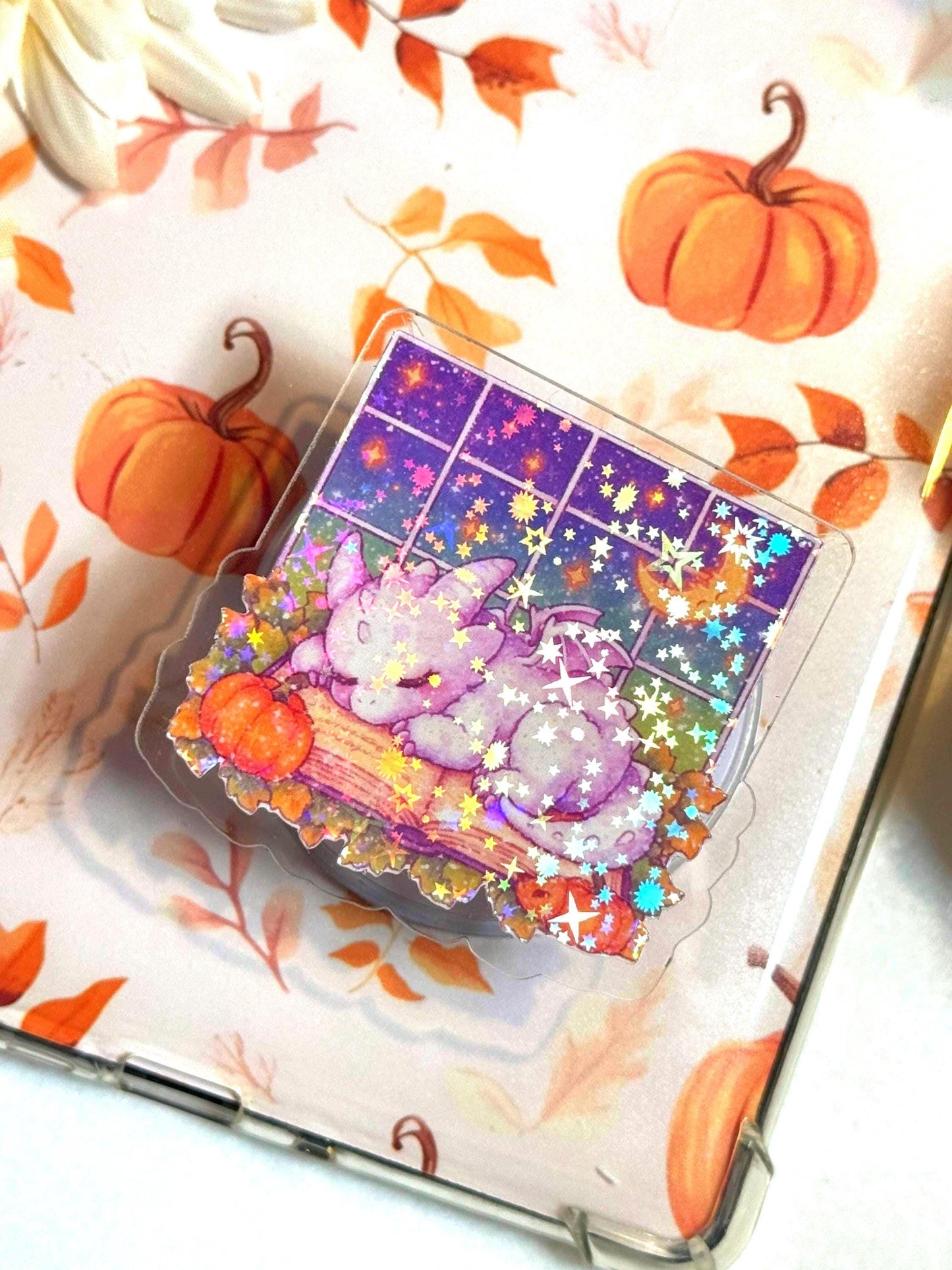 Holographic Dragon Phone Grip: Cozy Book & Pumpkins MagSafe Grip