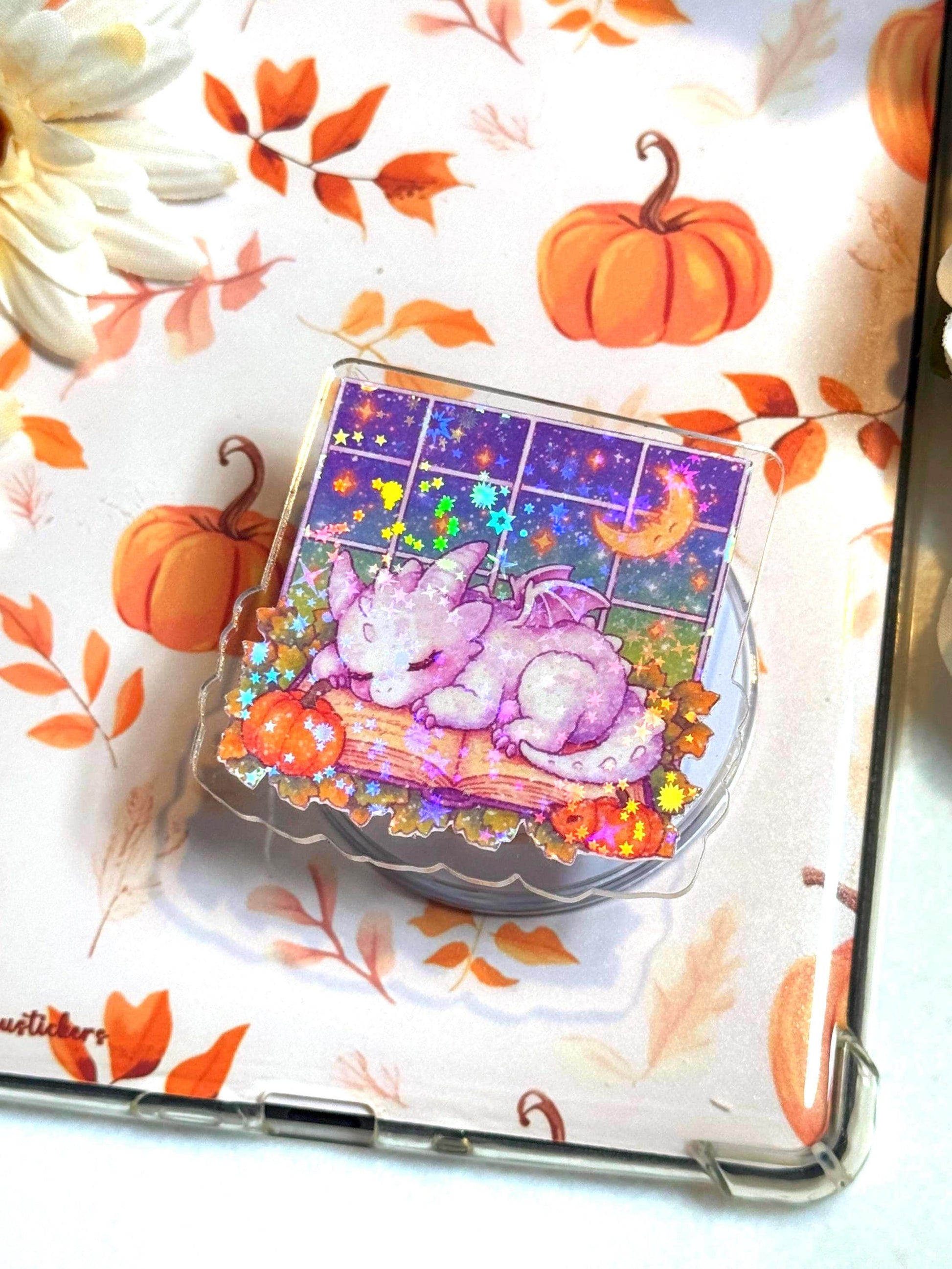 Holographic Dragon Phone Grip: Cozy Book & Pumpkins MagSafe Grip