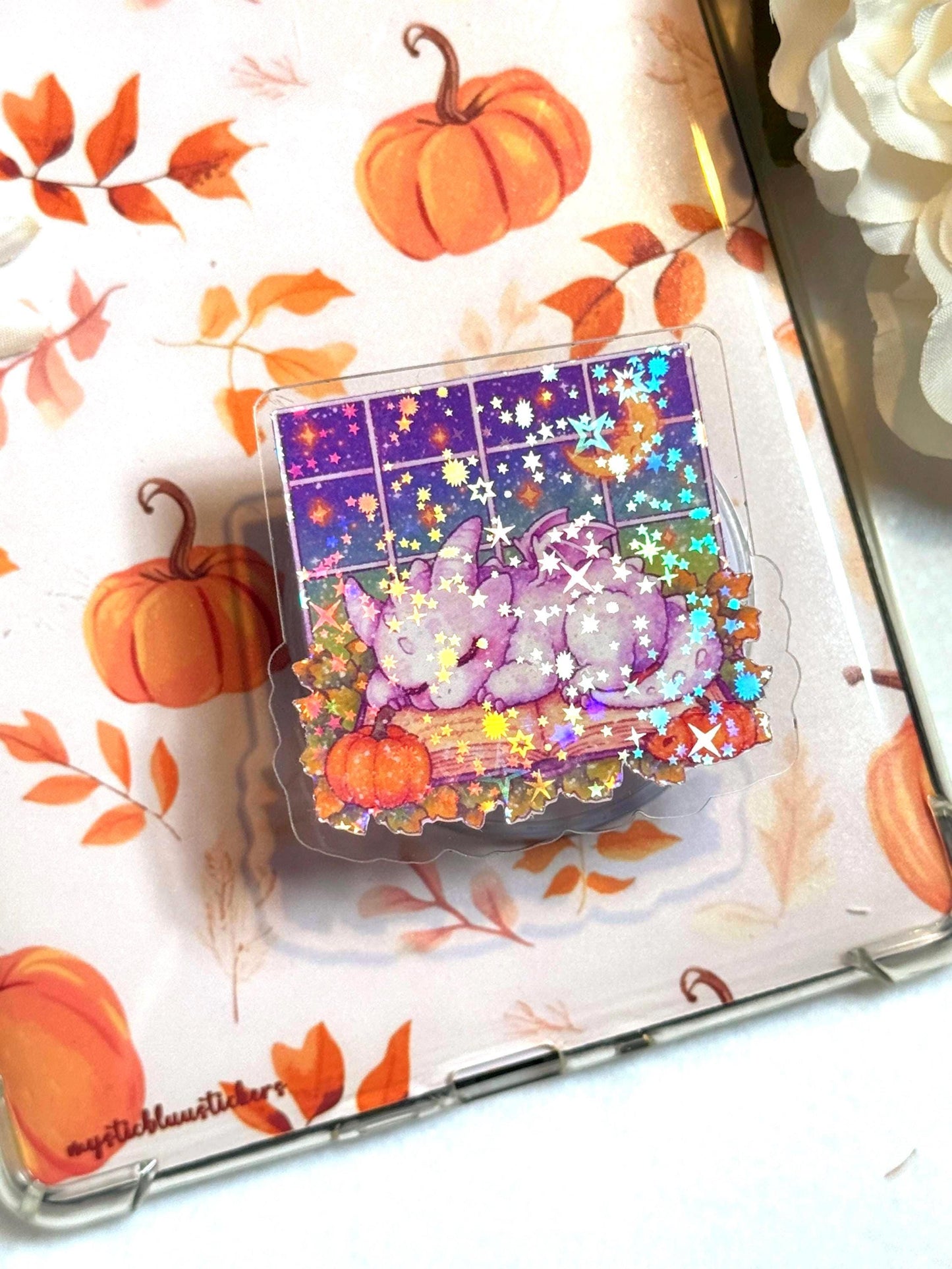 Holographic Dragon Phone Grip: Cozy Book & Pumpkins MagSafe Grip