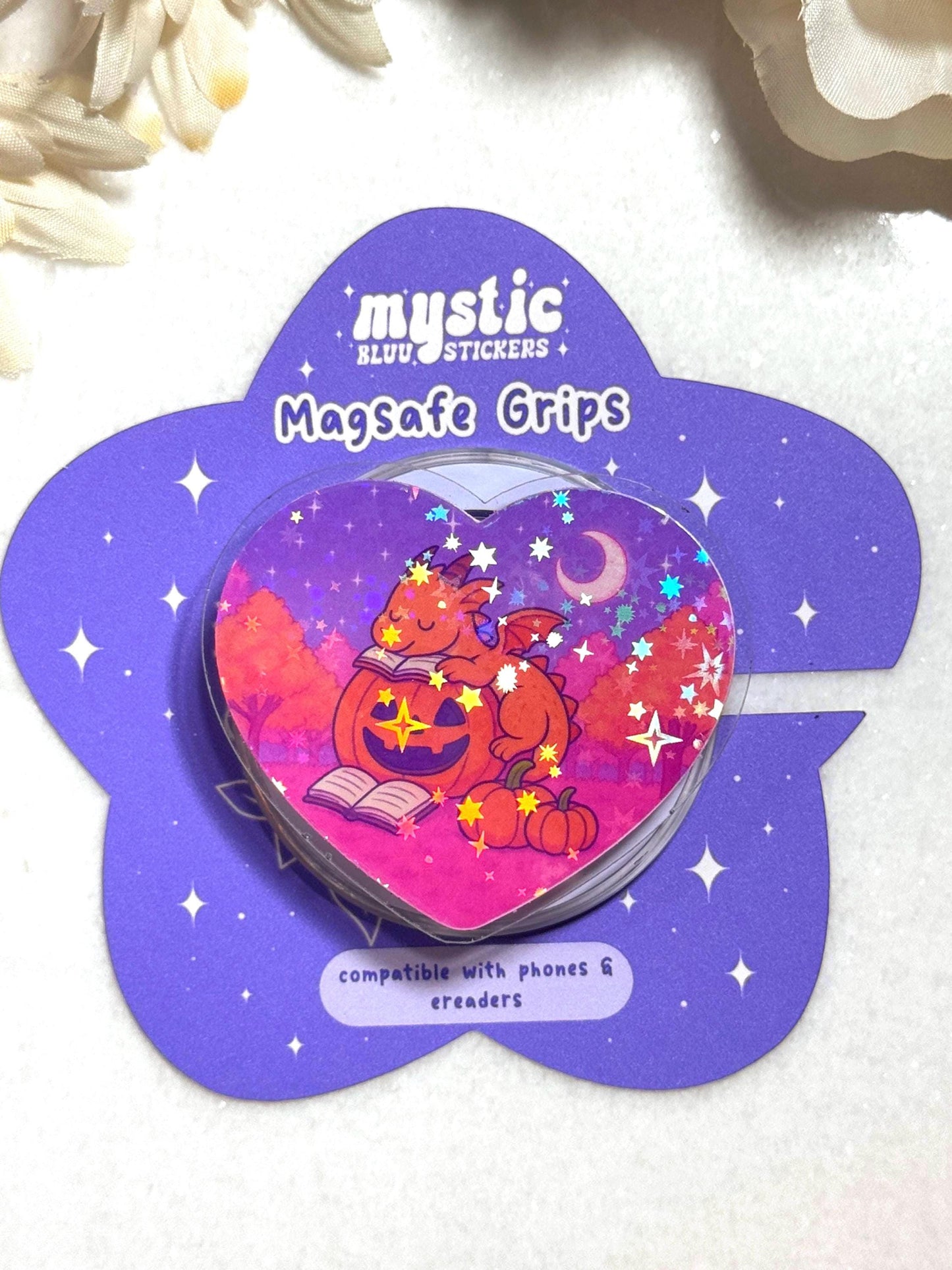 Holographic Dragon Fantasy MagSafe Grip: Cozy Pumpkin Book Kindle Holder