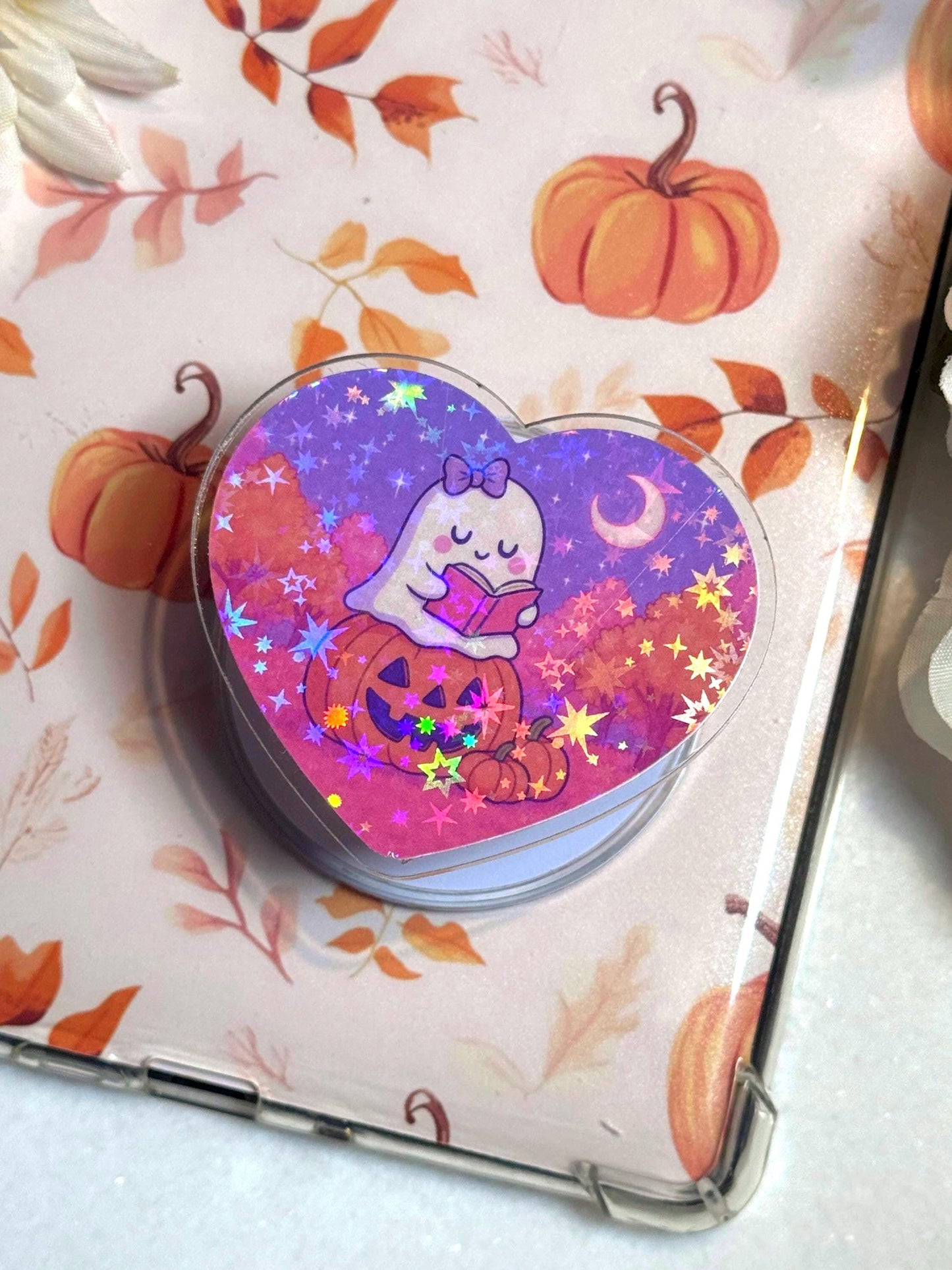 Ghost Pumpkin Kindle Phone Grip – Cute MagSafe Grip Stand with Pumpkin and Book Design Kindle Holder, Halloween Grip
