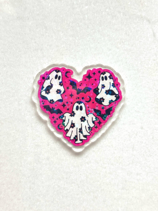 Ghost Heart Acrylic Flatback Cabochon – DIY Phone Grip Topper, Badge Reel, Vent Clip, Magnet, Bag Charm