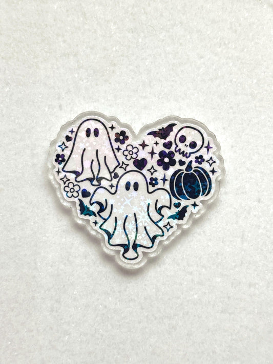 Spooky Ghost Heart Cabochon: Halloween Acrylic Flatback - Matte or Holographic