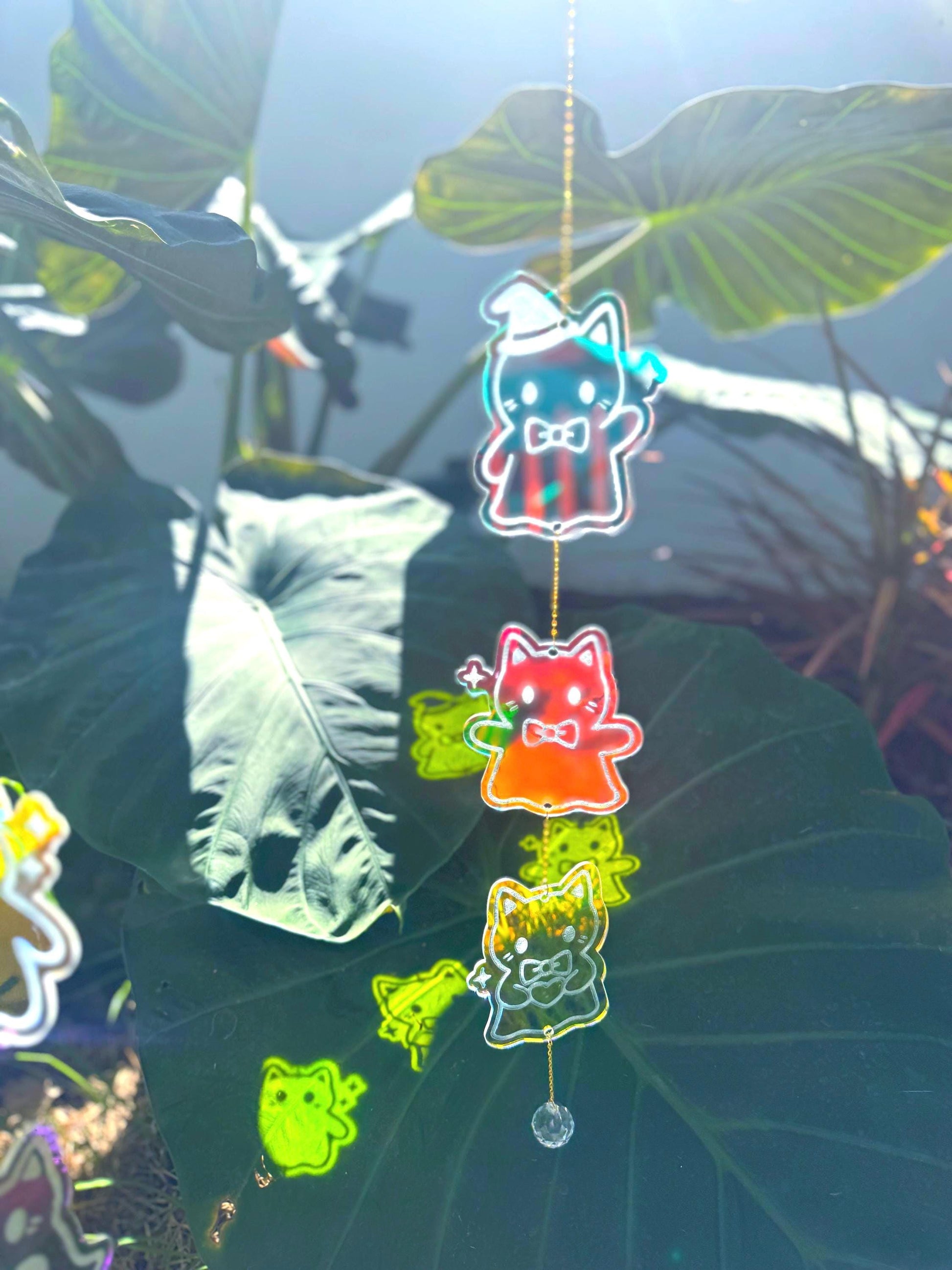 Iridescent Ghost Cats Sun Catcher: Halloween Window Decor, Rainbow Maker