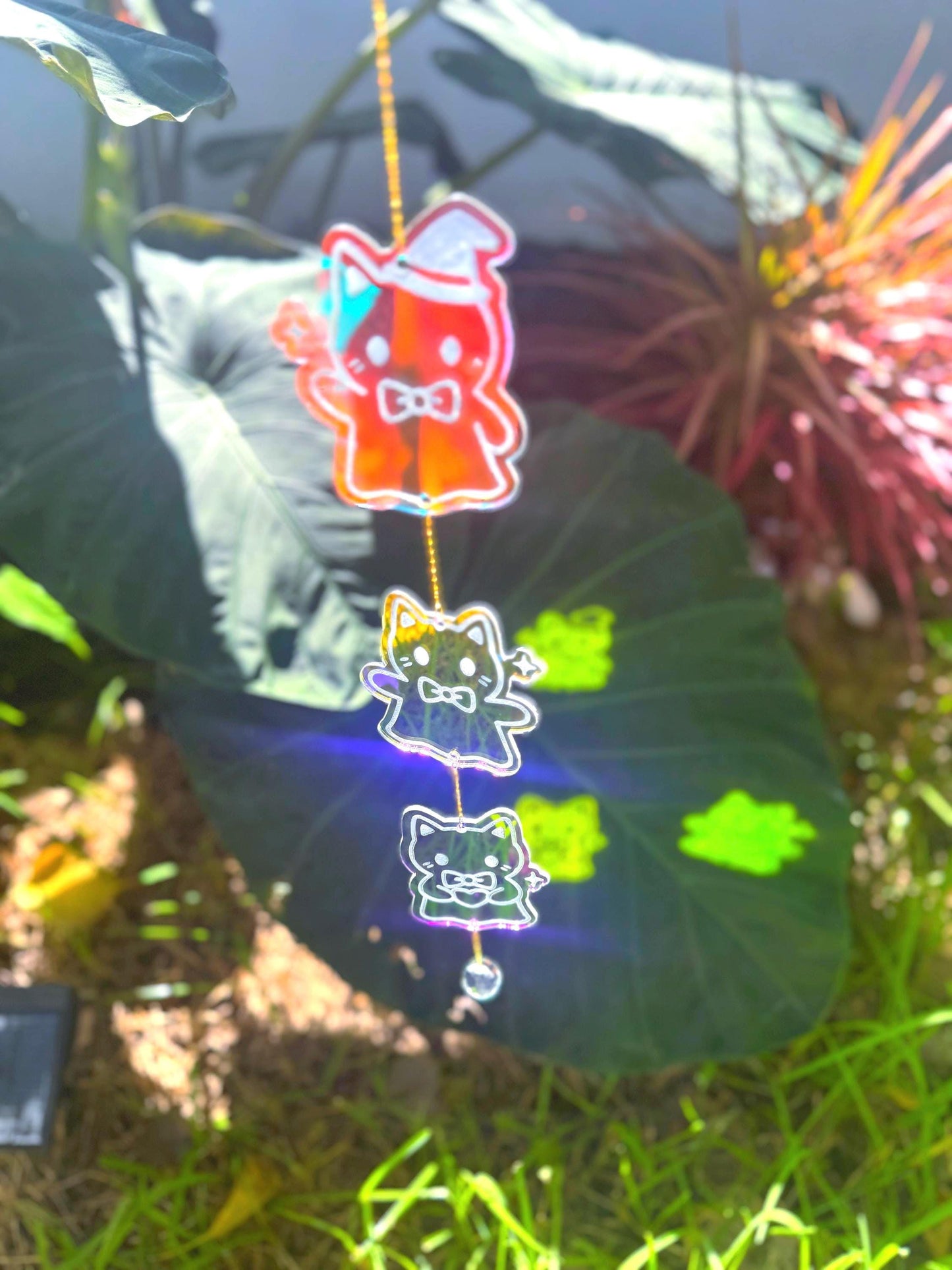 Iridescent Ghost Cats Sun Catcher: Halloween Window Decor, Rainbow Maker