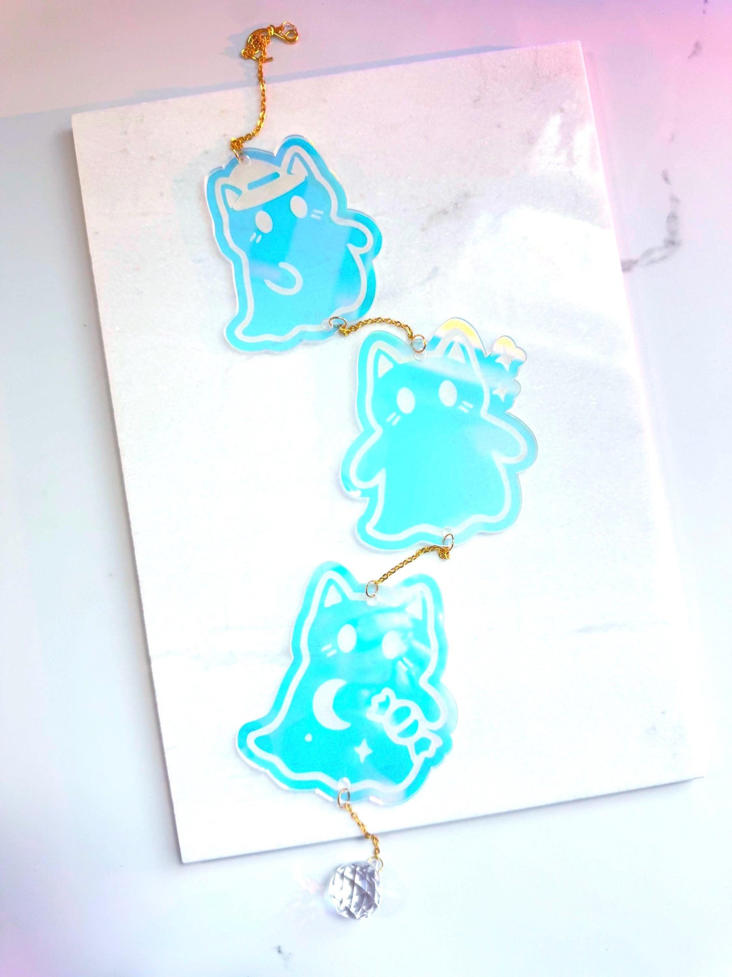 Iridescent Ghost Cats Sun Catcher: Halloween Window Decor, Rainbow Maker