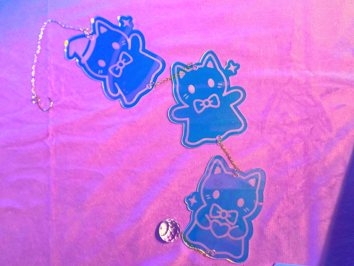 Iridescent Ghost Cats Sun Catcher: Halloween Window Decor, Rainbow Maker