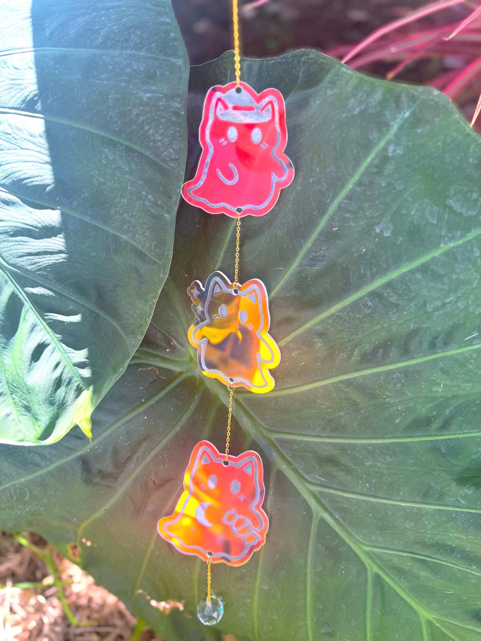 Iridescent Ghost Cats Sun Catcher: Halloween Window Decor, Rainbow Maker