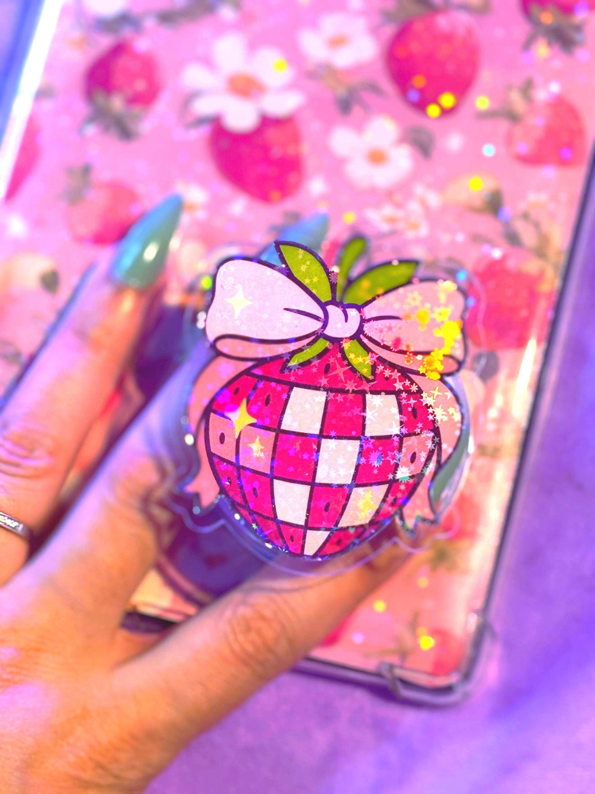 Strawberry MagSafe Kindle Grip: Holographic Bookish Phone Accessory