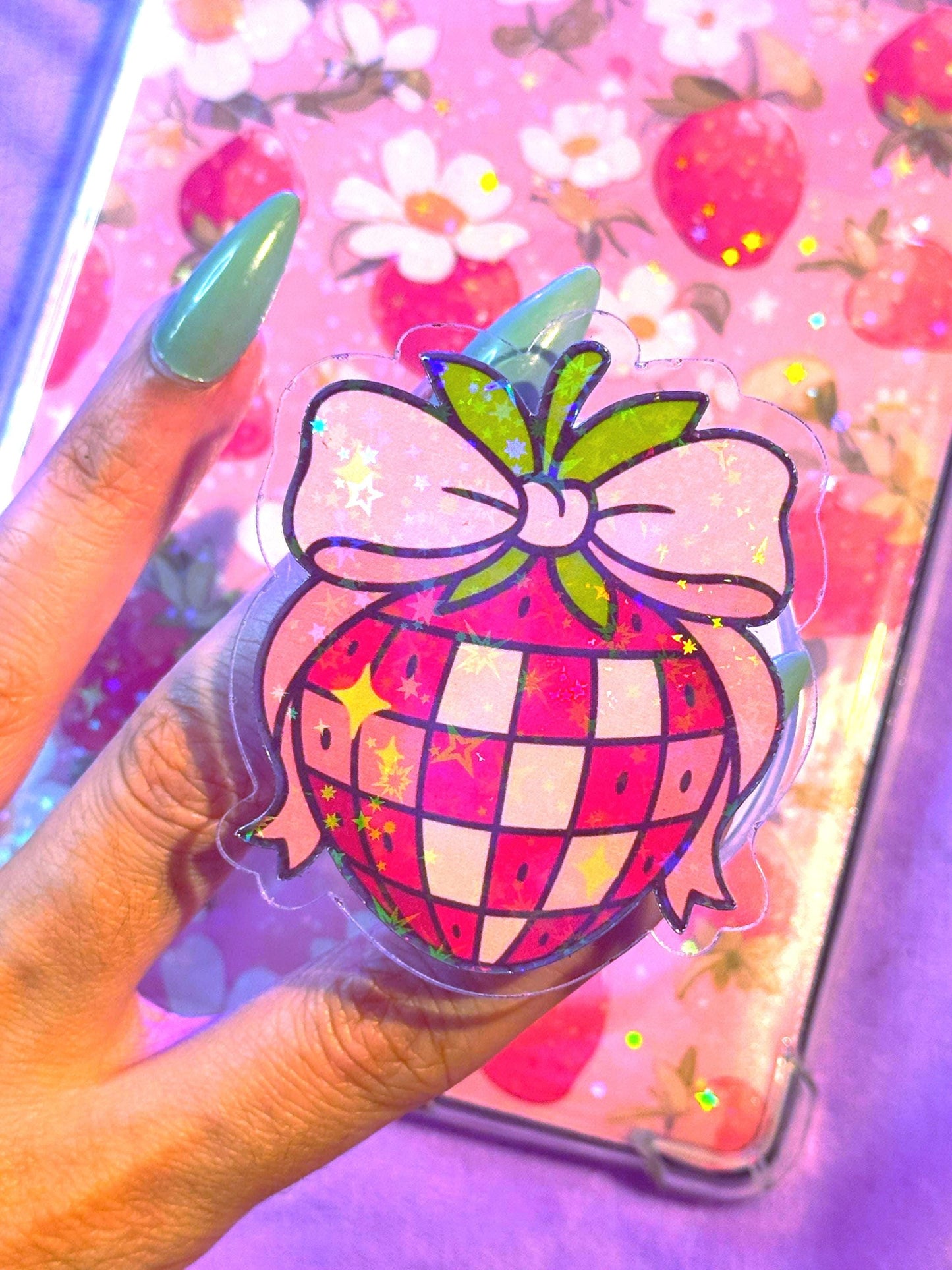 Strawberry MagSafe Kindle Grip: Holographic Bookish Phone Accessory