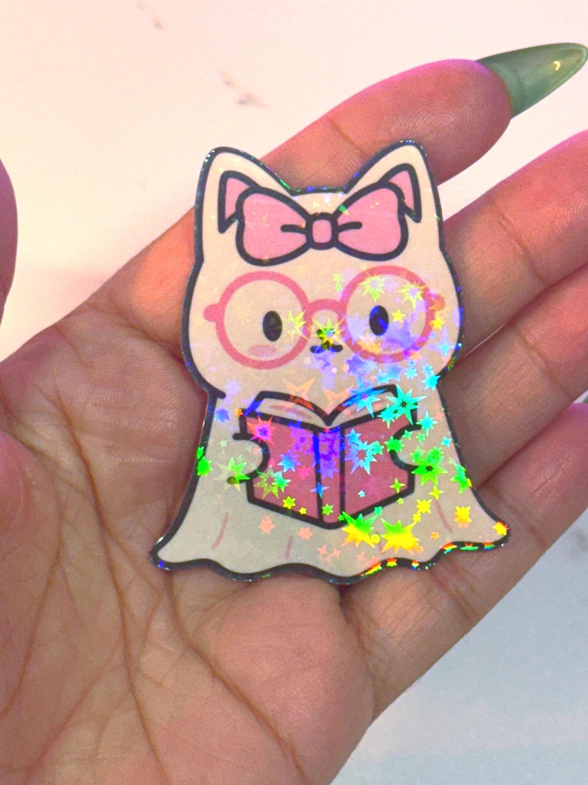 Holographic Ghost Cat Reading Sticker: Spooky Bookish Kindle Decal